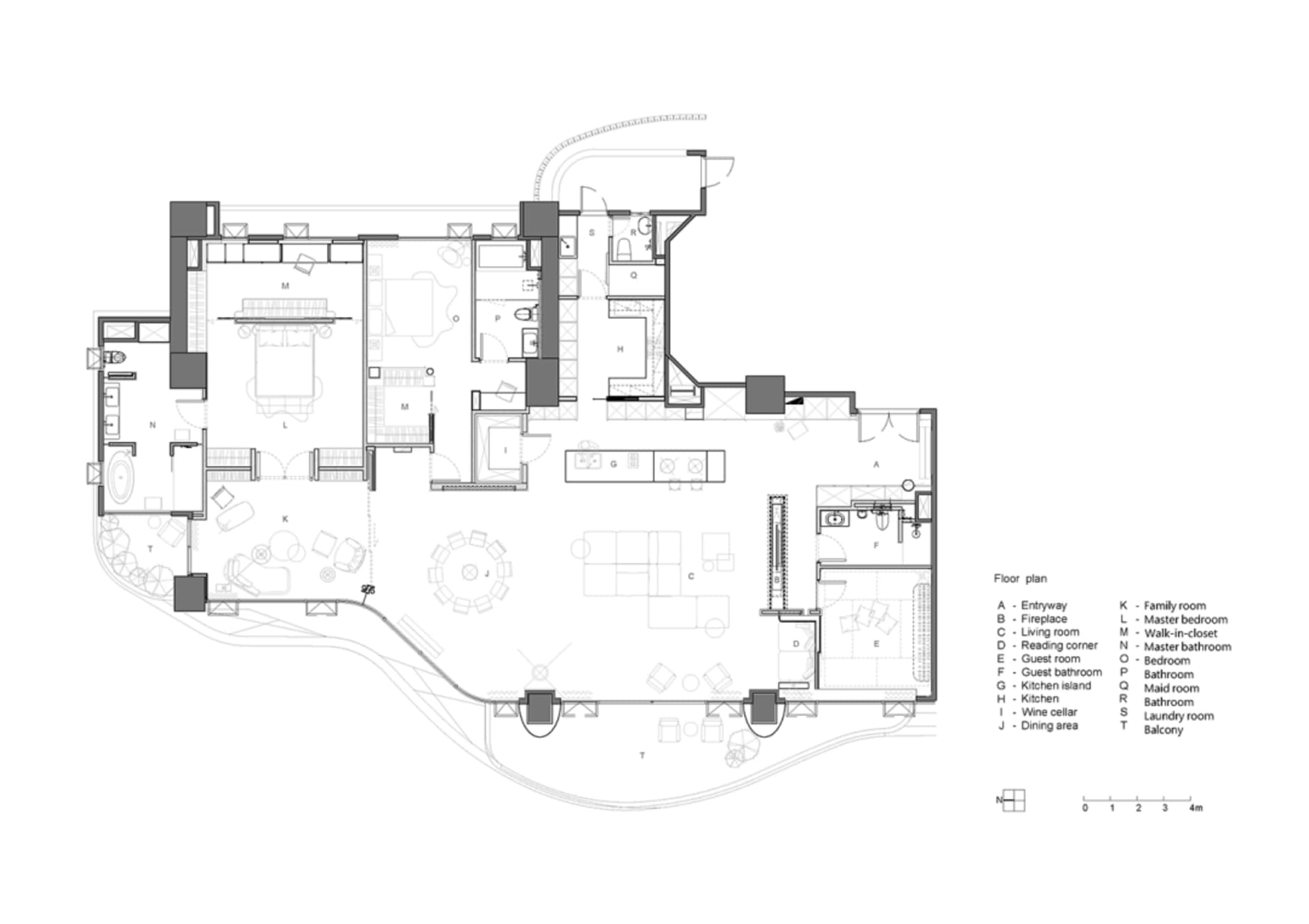 Floor plan of a modern residential home with various functional zones.