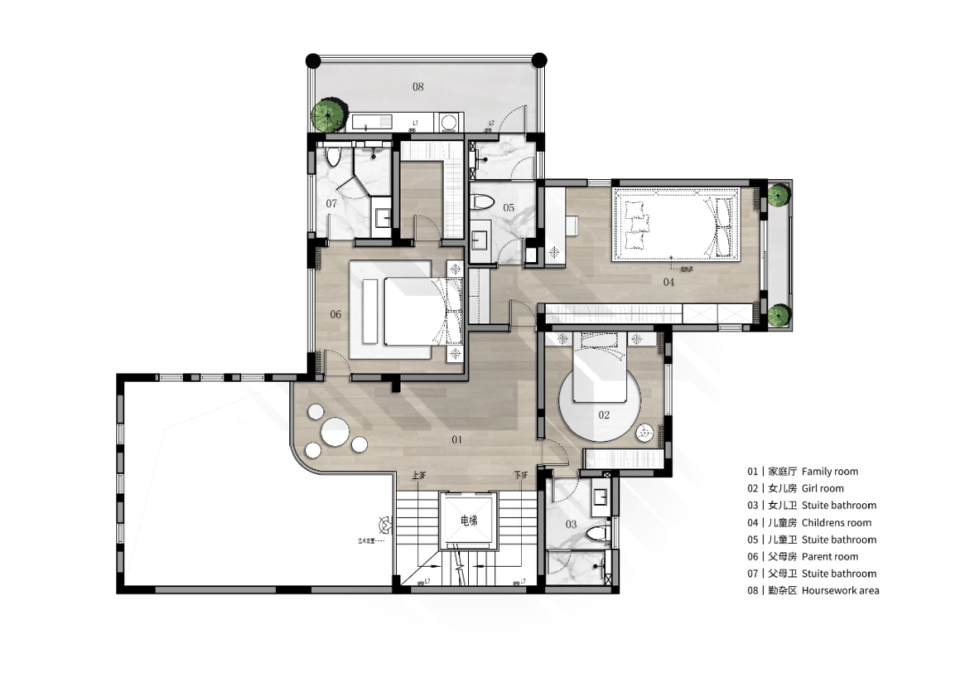A detailed 2D architectural drawing of a modern residential apartment interior with modern furniture, wood flooring, marble f