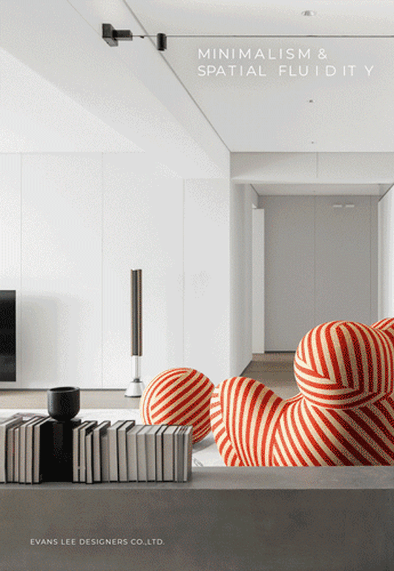 A modern minimalist living room with concrete walls and a striped orange sofa.