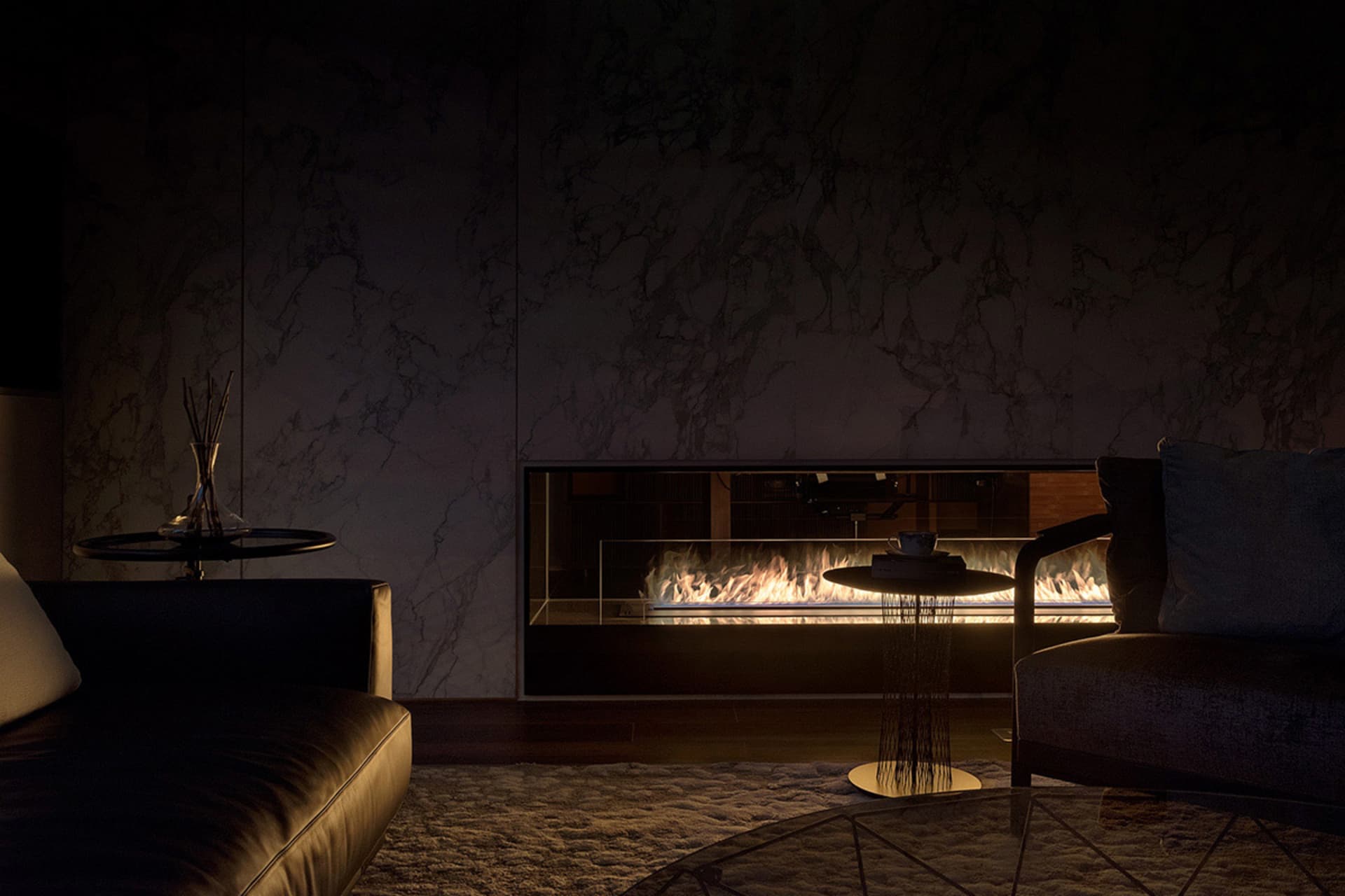 A minimalist living room featuring a marble fireplace, modern furniture, and textured carpet