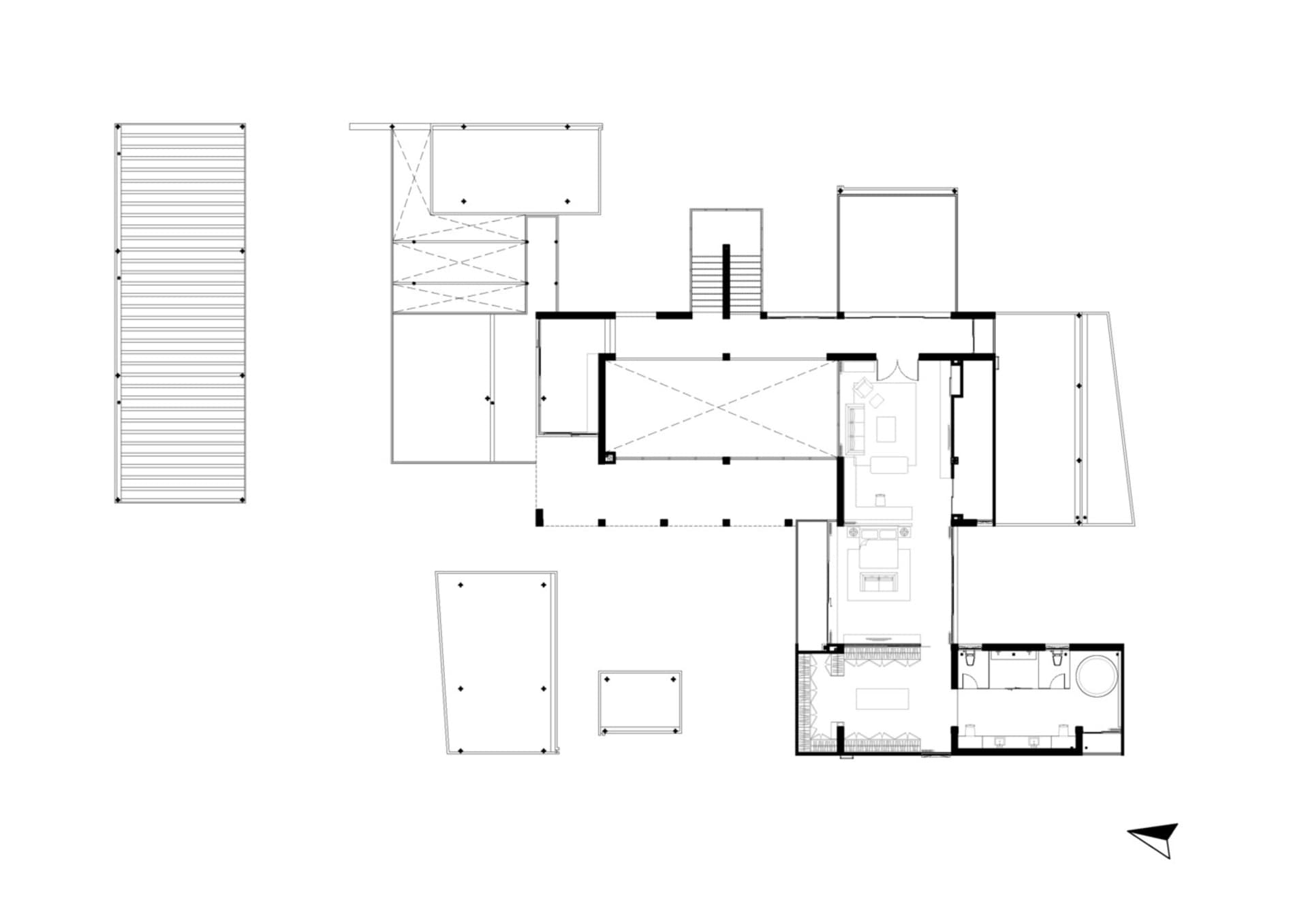 Plan of a modern residential building featuring a roof terrace and outdoor deck.