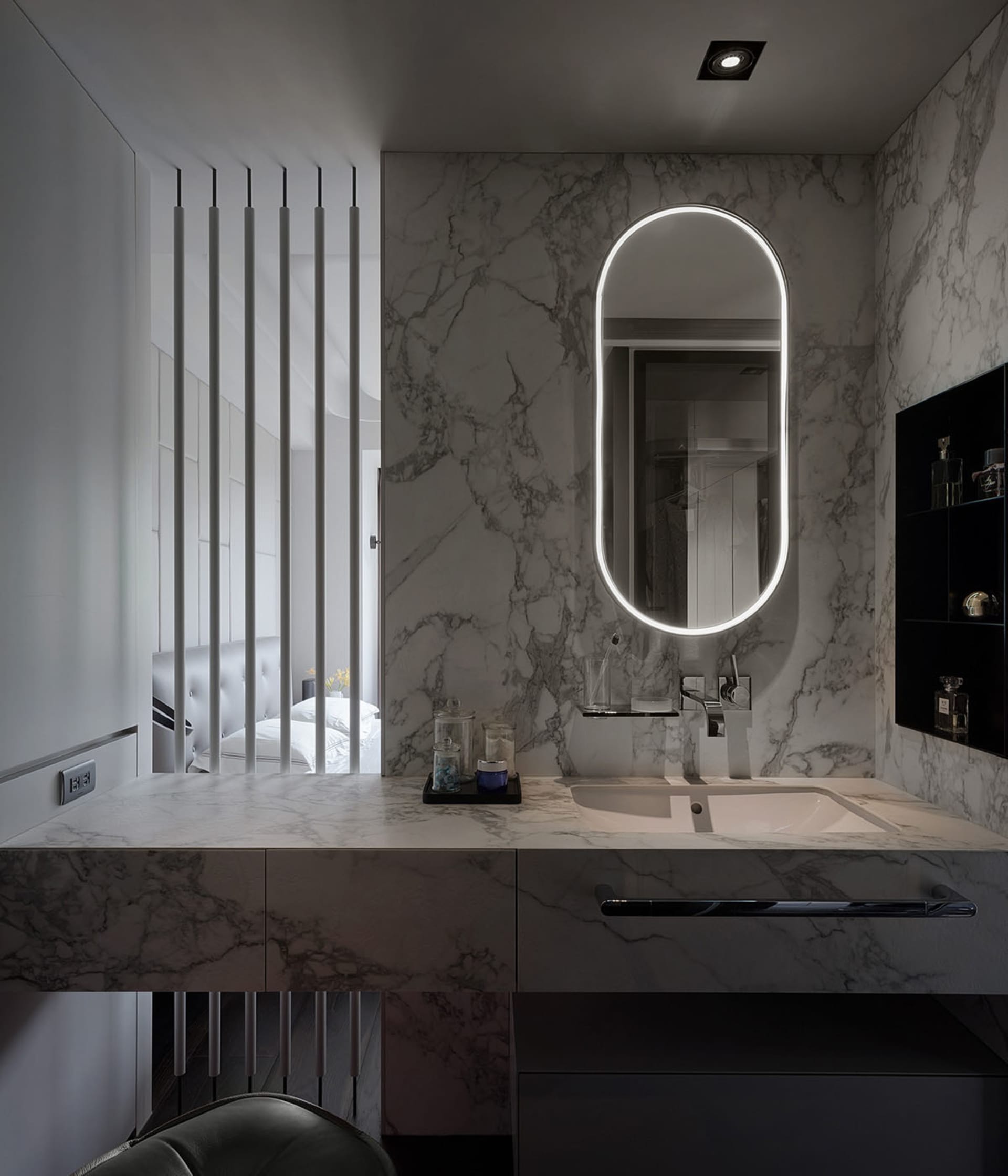 Modern bathroom featuring geometric design, geometric marble tiles, and geometric marble basin.