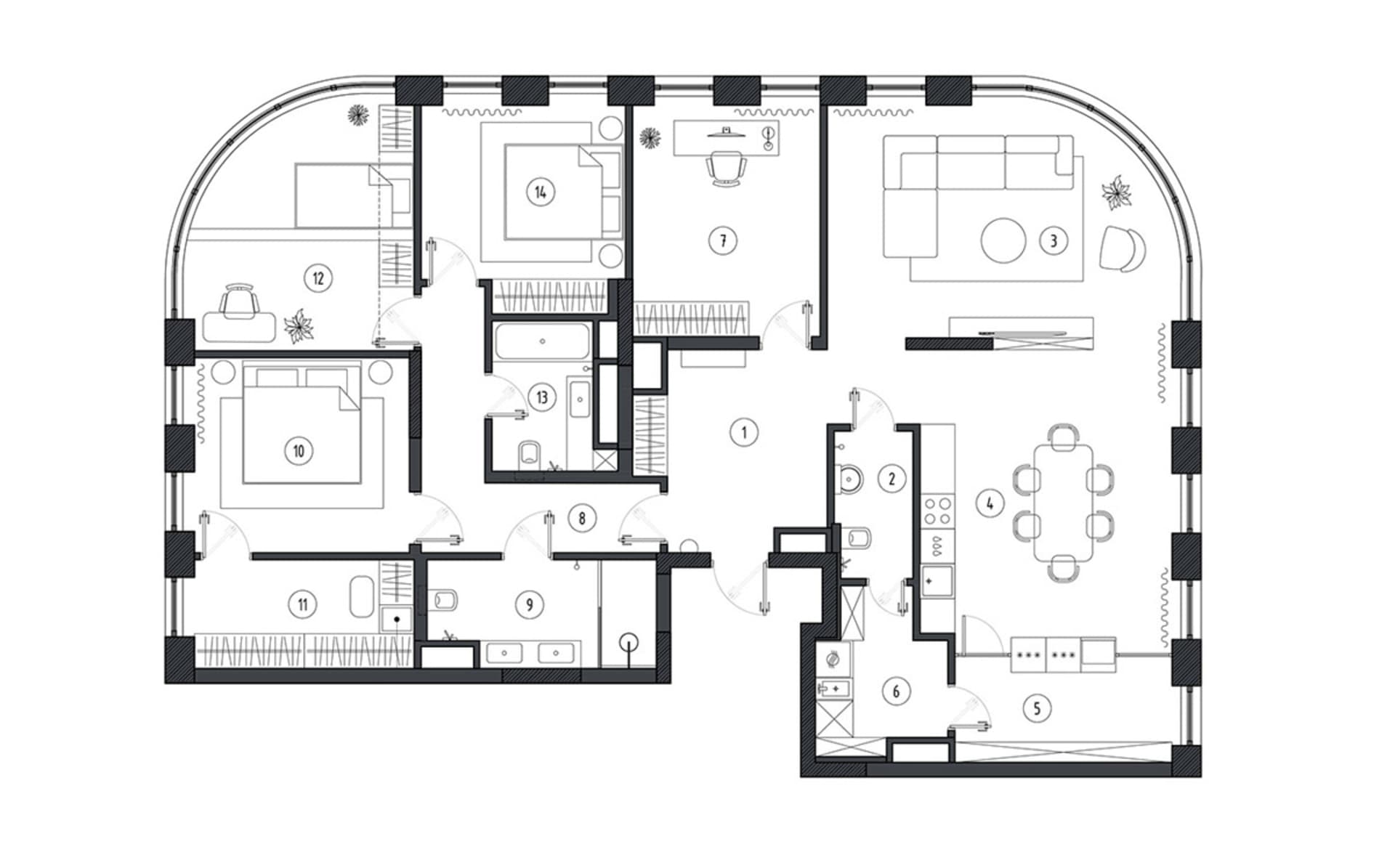 A modern apartment layout with living room, kitchen, bedrooms, and bathrooms.