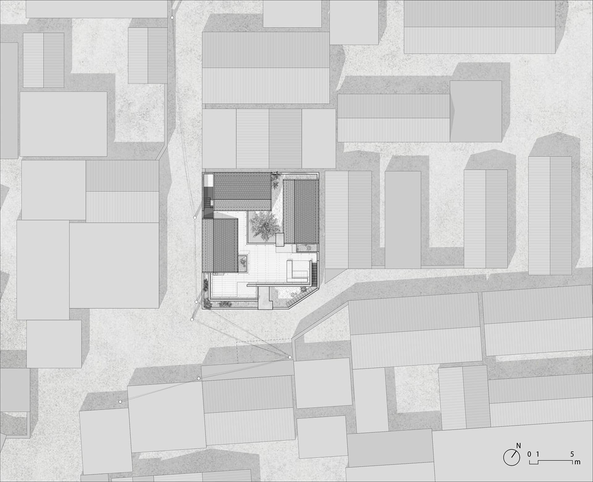 Floor plan of a modern house showing the interior layout and design features.