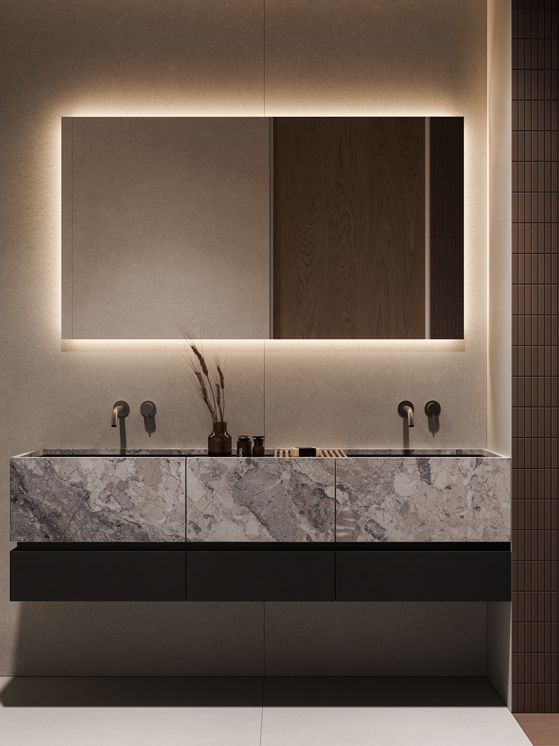 Modern bathroom featuring a marble countertop, wooden accents, and ceramic tile walls.