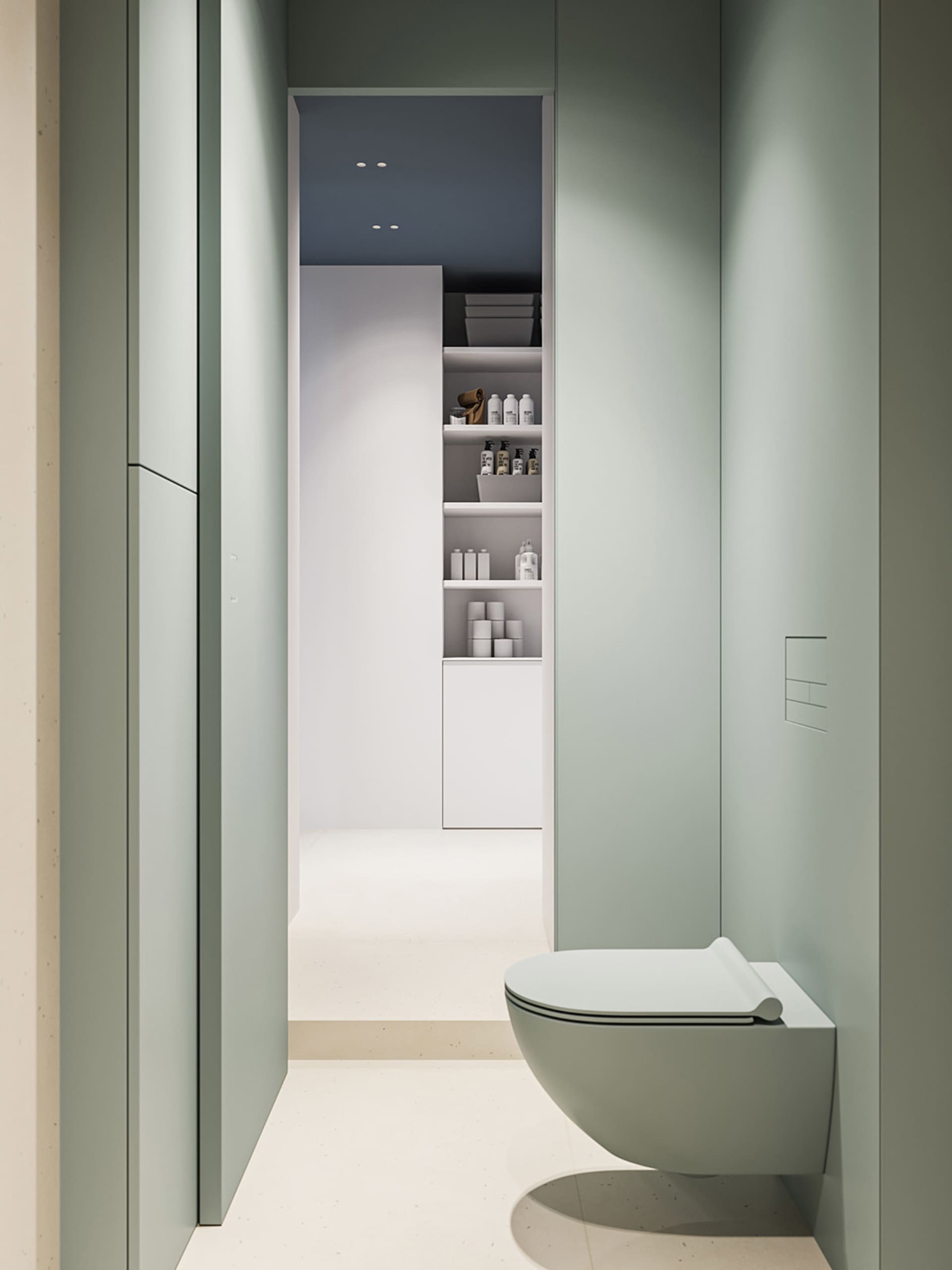 A modern minimalist bathroom with a sleek white toilet and white porcelain tiles.