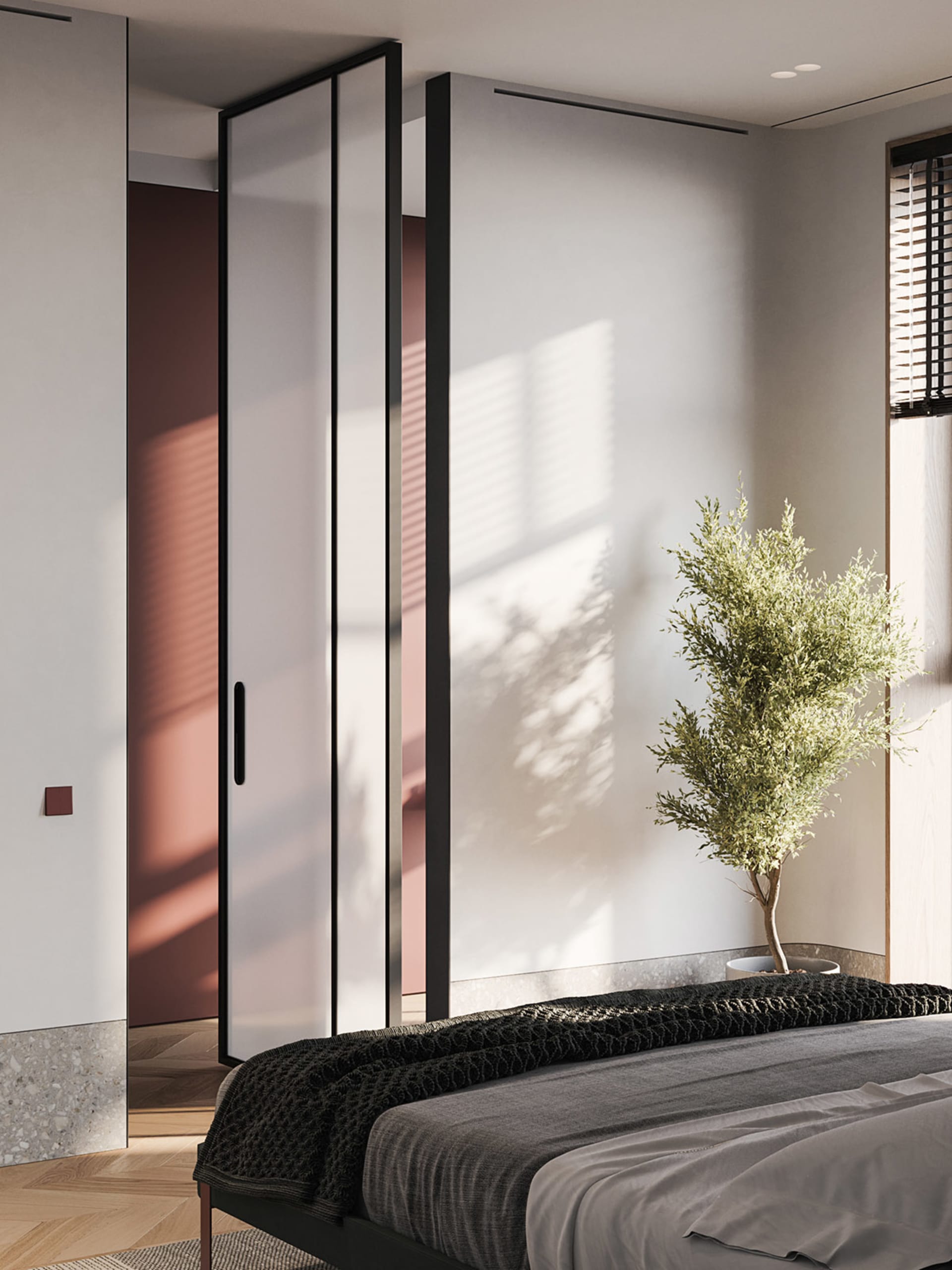 Well-lit bedroom with minimalist design, featuring steel and wood elements.