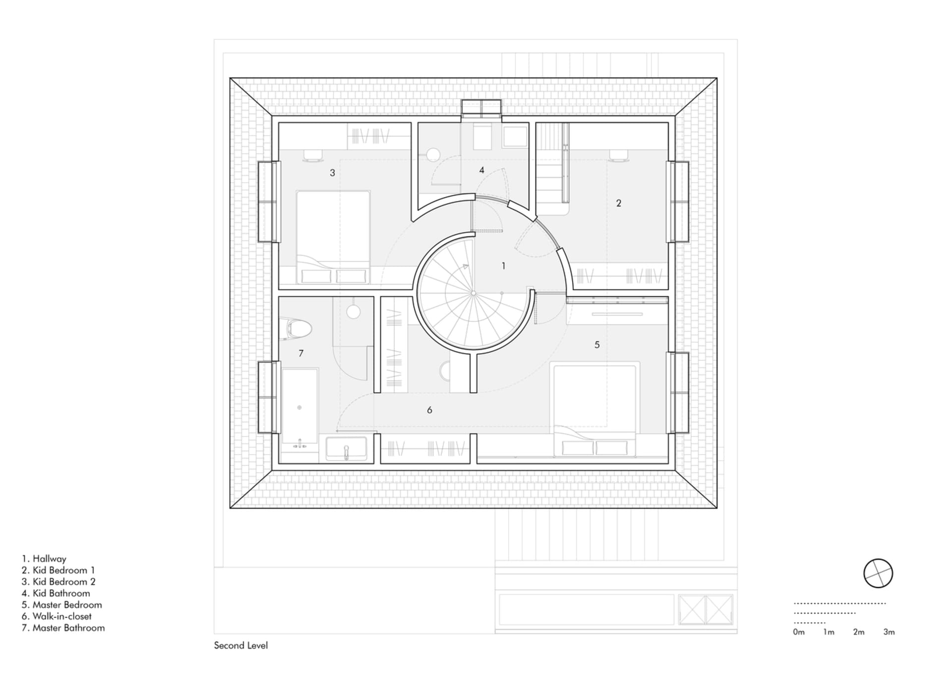 Modern second floor plan featuring a central staircase and multiple bedrooms and bathrooms.