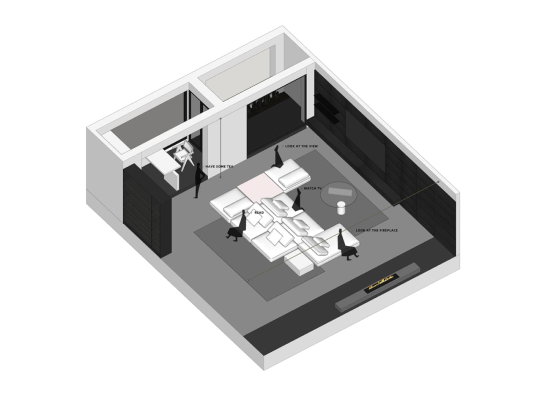 Isometric rendering of a modern living room with a fireplace, sofa, and reading area.