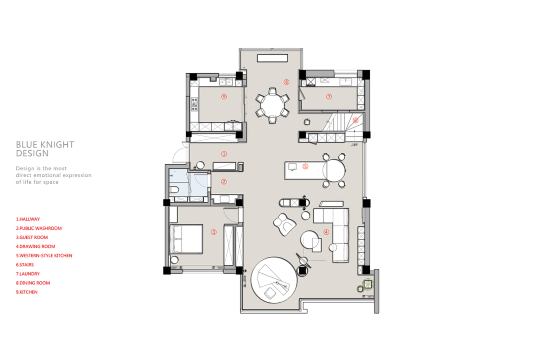 2D architectural drawing of a modern residential apartment with neutral color palette and open-concept layout