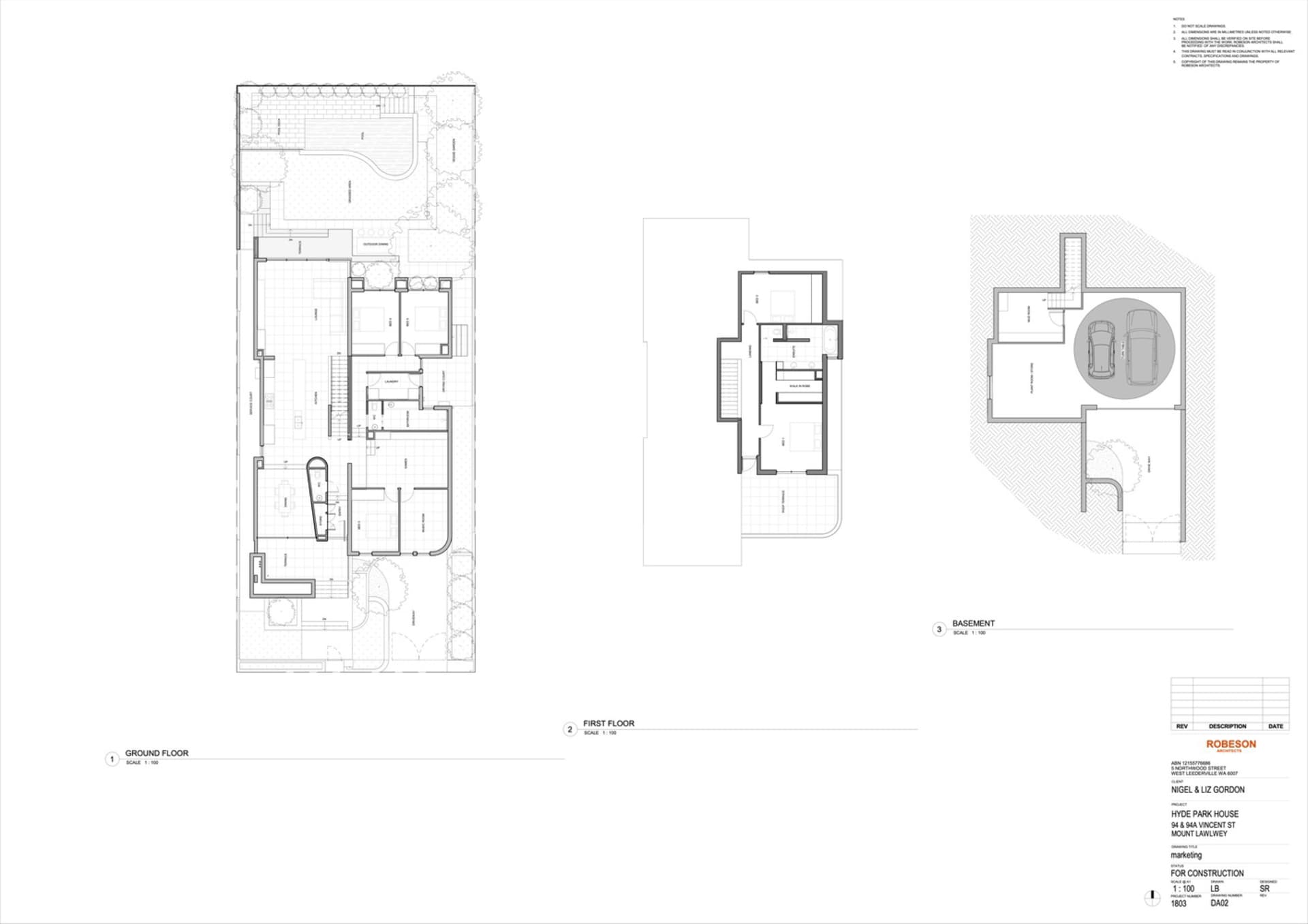住宅建築的詳細建築平面圖,包含地面層、一樓及地下室配置。
