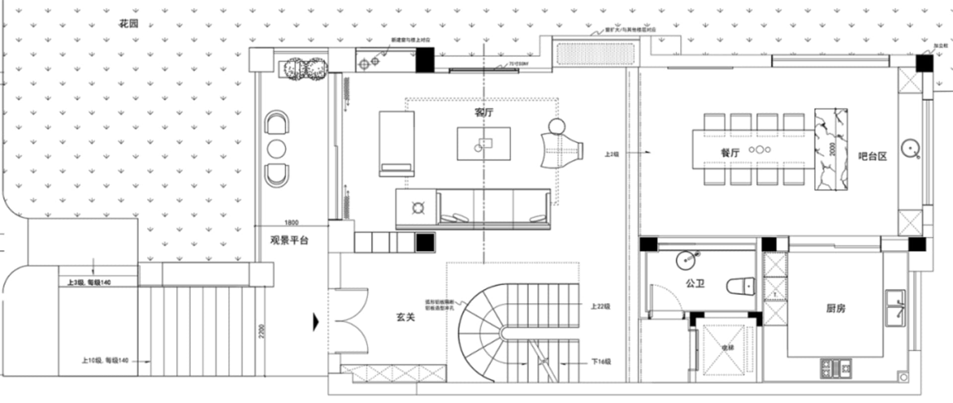 Floor plan of a modern loft space showing living room, dining area, kitchen, and bathroom layouts.