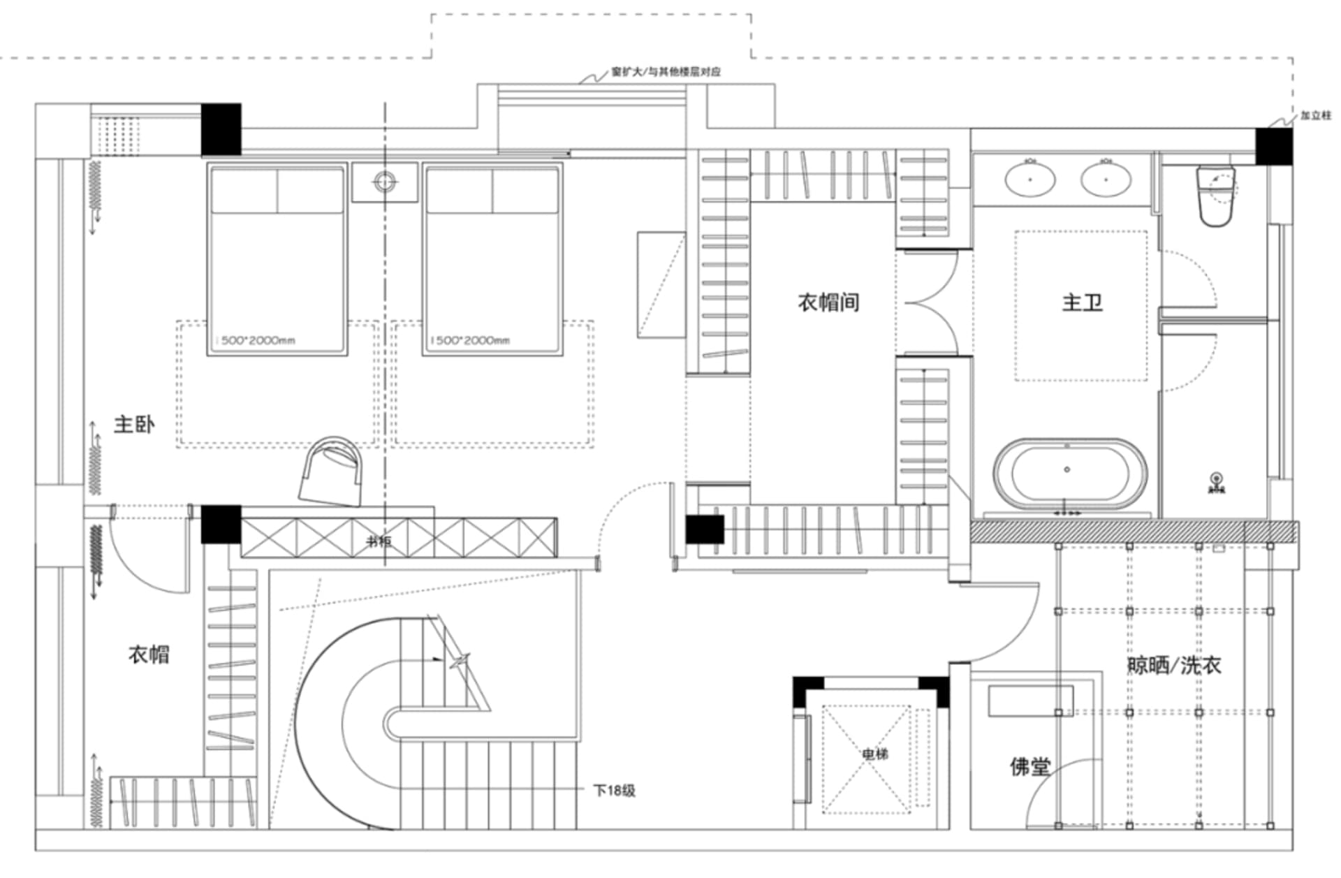 黑白住宅建築平面圖,展示房間與空間的配置。