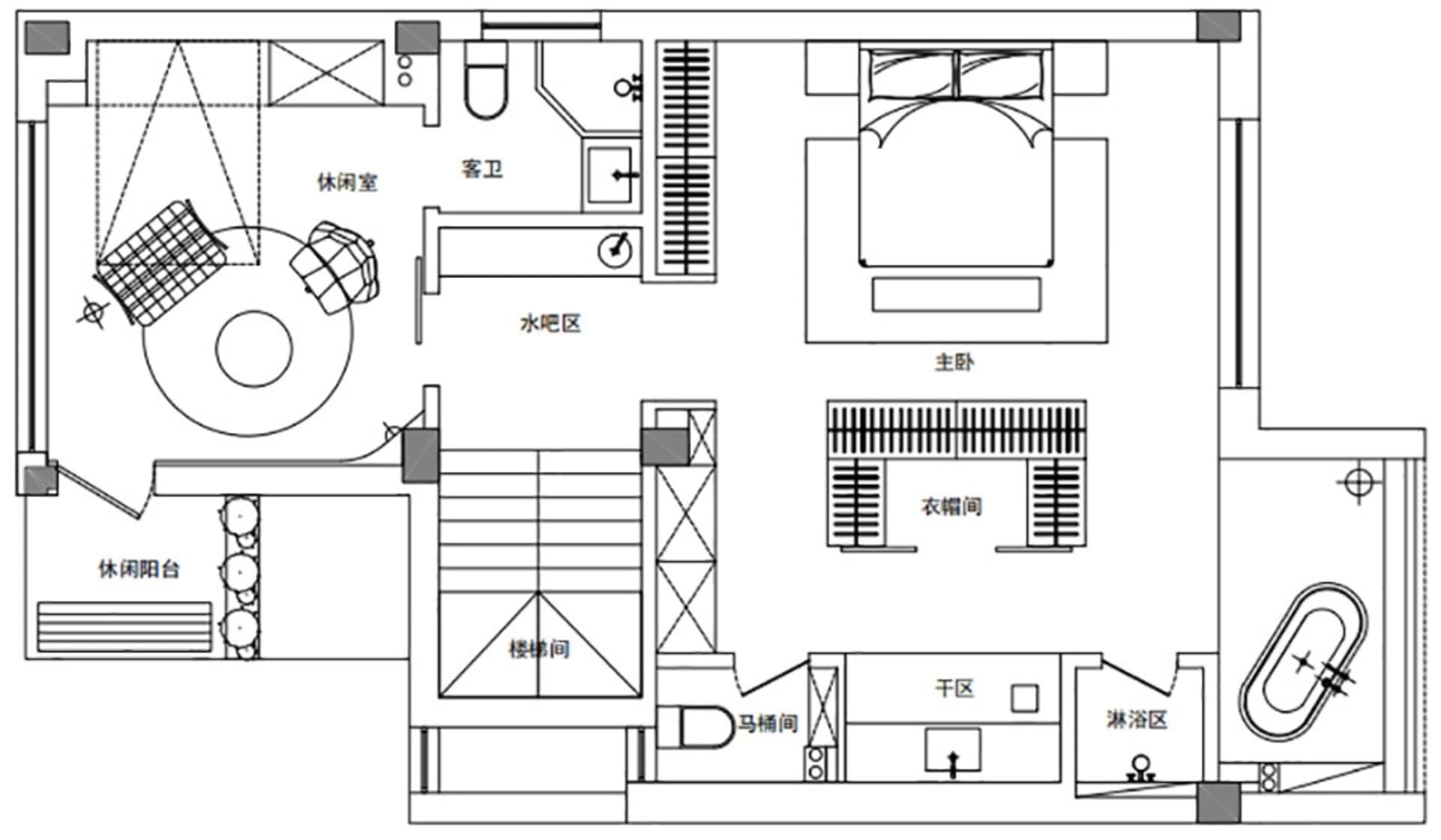 Detailed 2D architectural drawing of a modern single-family home floor plan, featuring living areas, bedrooms, bathrooms, and