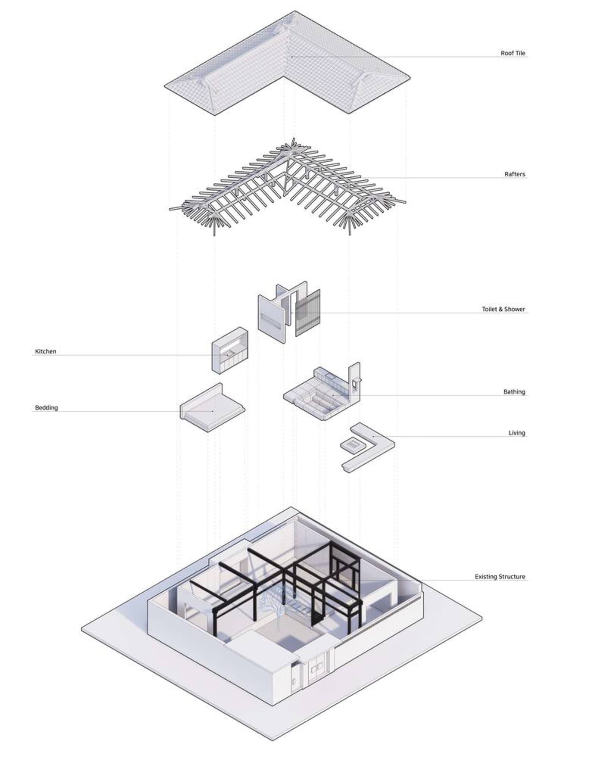 Detailed architectural diagram of a house's interior layout showing routing for various functional zones such as kitchen, bat