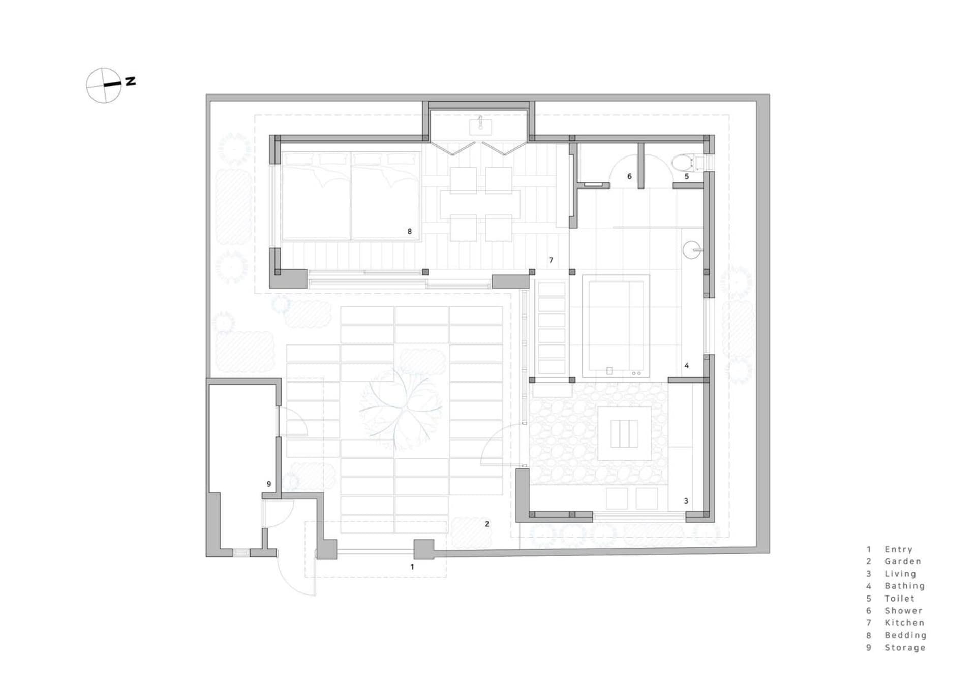 現代住宅公寓的2D建築平面圖,採用混凝土、玻璃與鋼材材質。