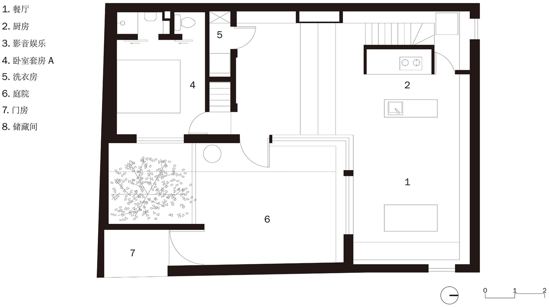 Black and white floor plan depicting a modern residential house layout.