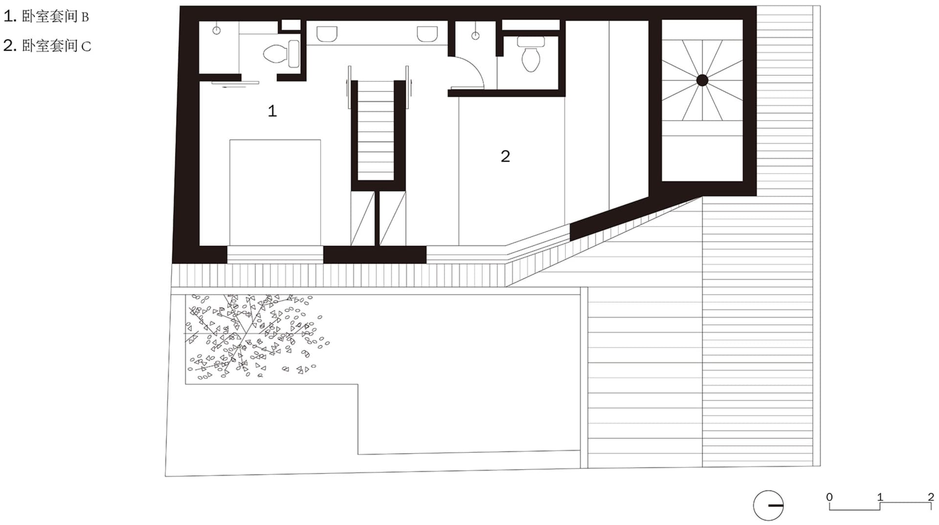 A modern architectural floor plan on paper, showing layout and design details.