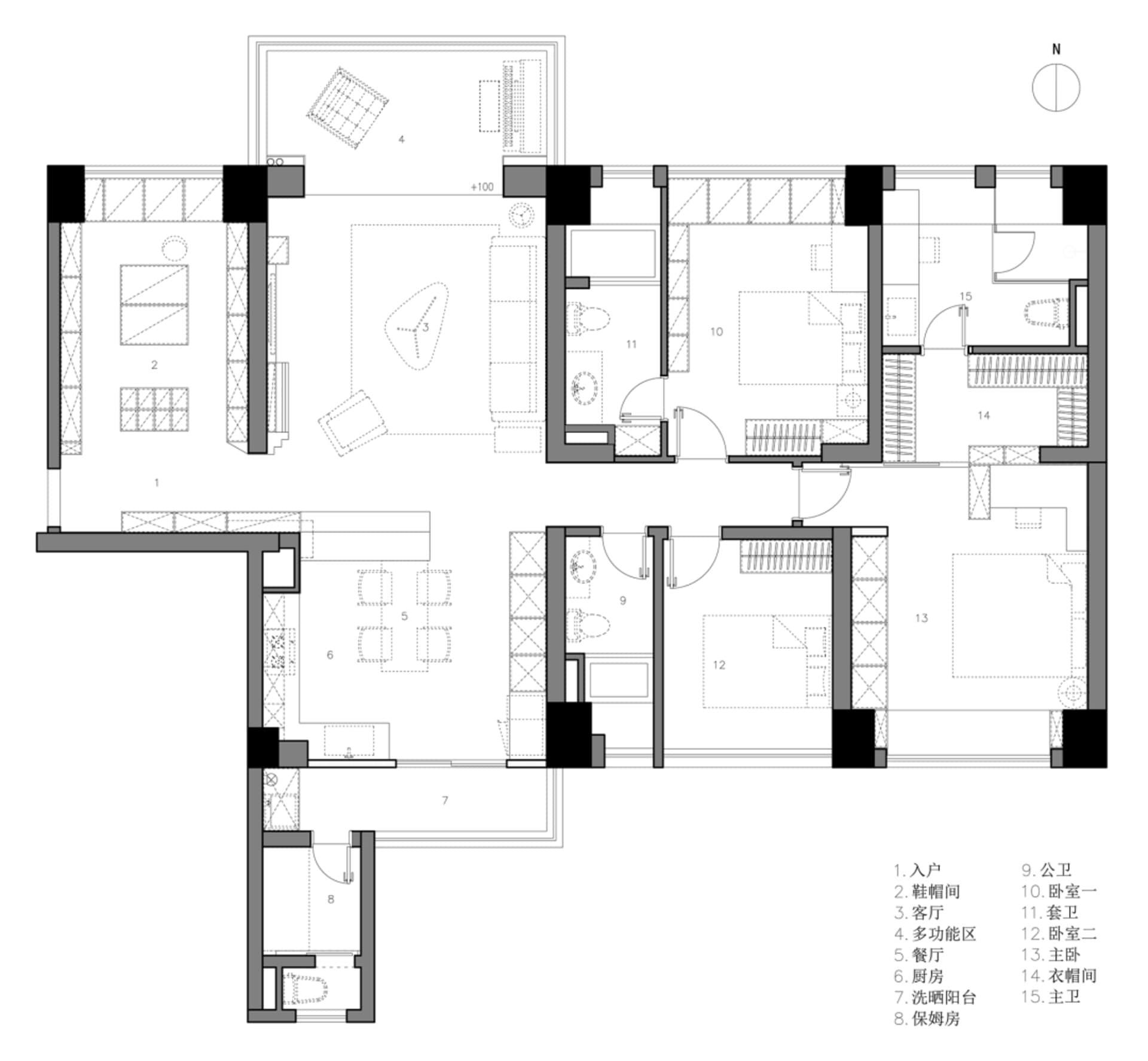 Floor plan layout of a modern residential apartment with detailed room labels and dimensions.