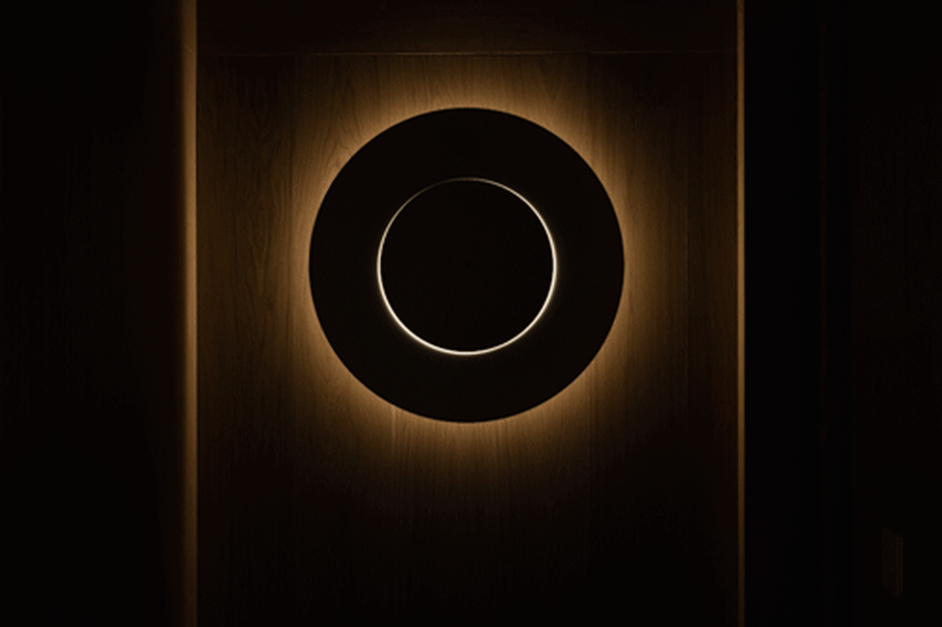 Circular light fixture mounted on a wooden wall panel with illuminated perimeter