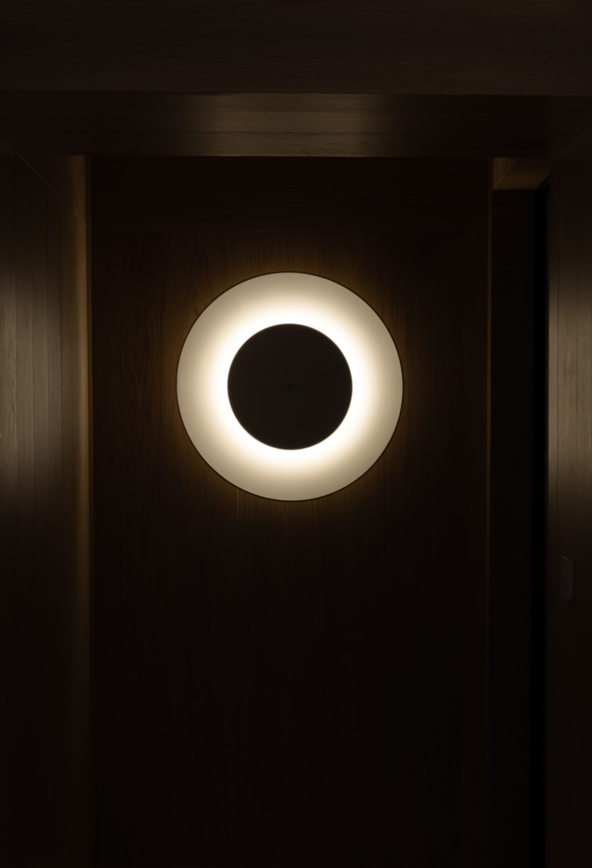 A minimalist wall light fixture with a white circular design and a metal finish.