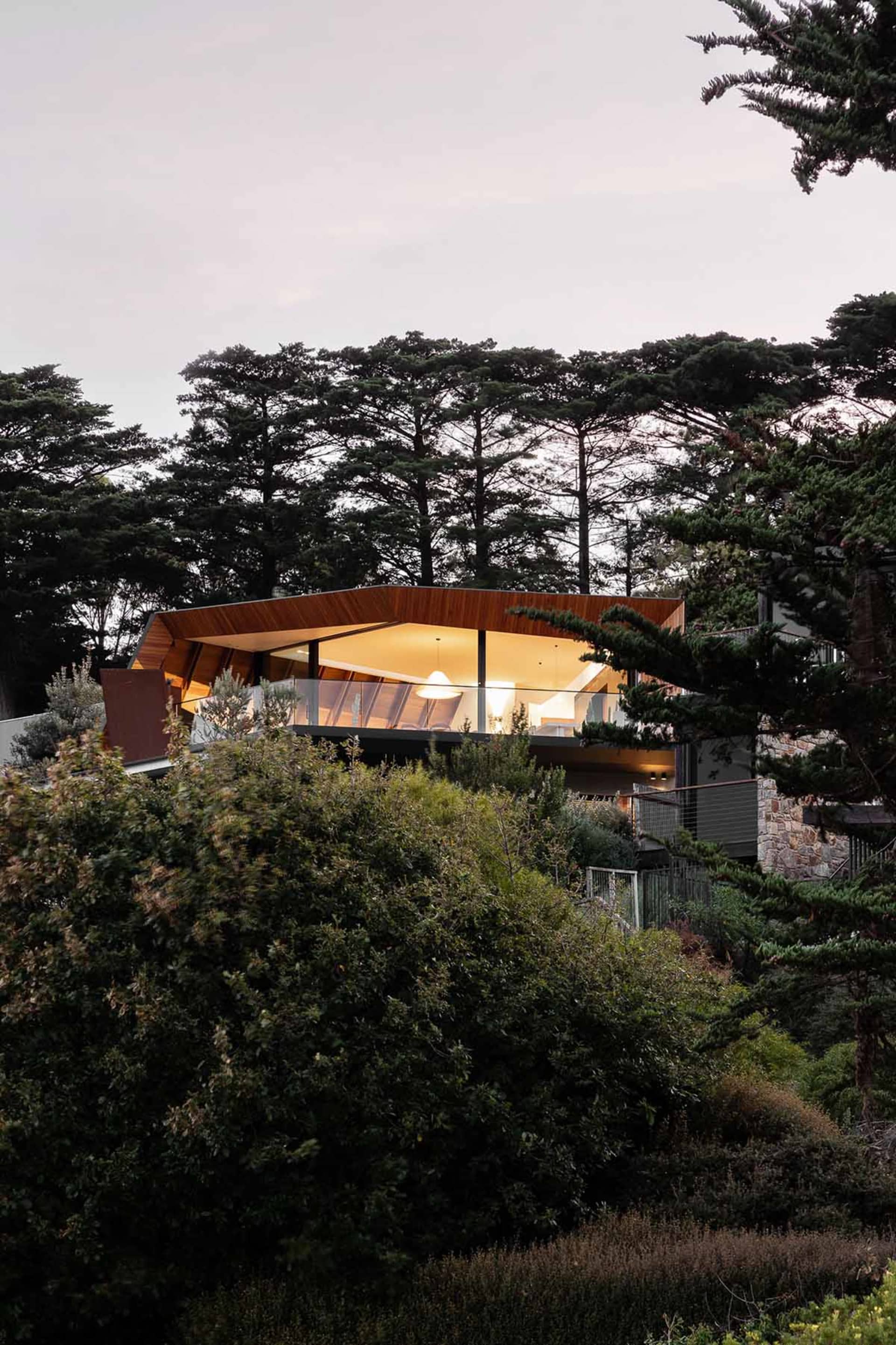 A modern house with a glass wall and wooden frame surrounded by greenery.