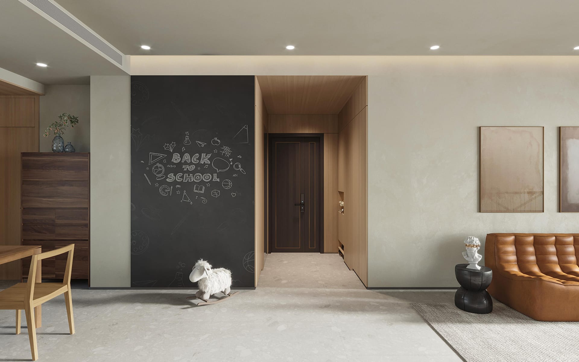 A modern living room featuring a mix of materials including wood and leather, with a chalkboard wall, a wooden rocking sheep,