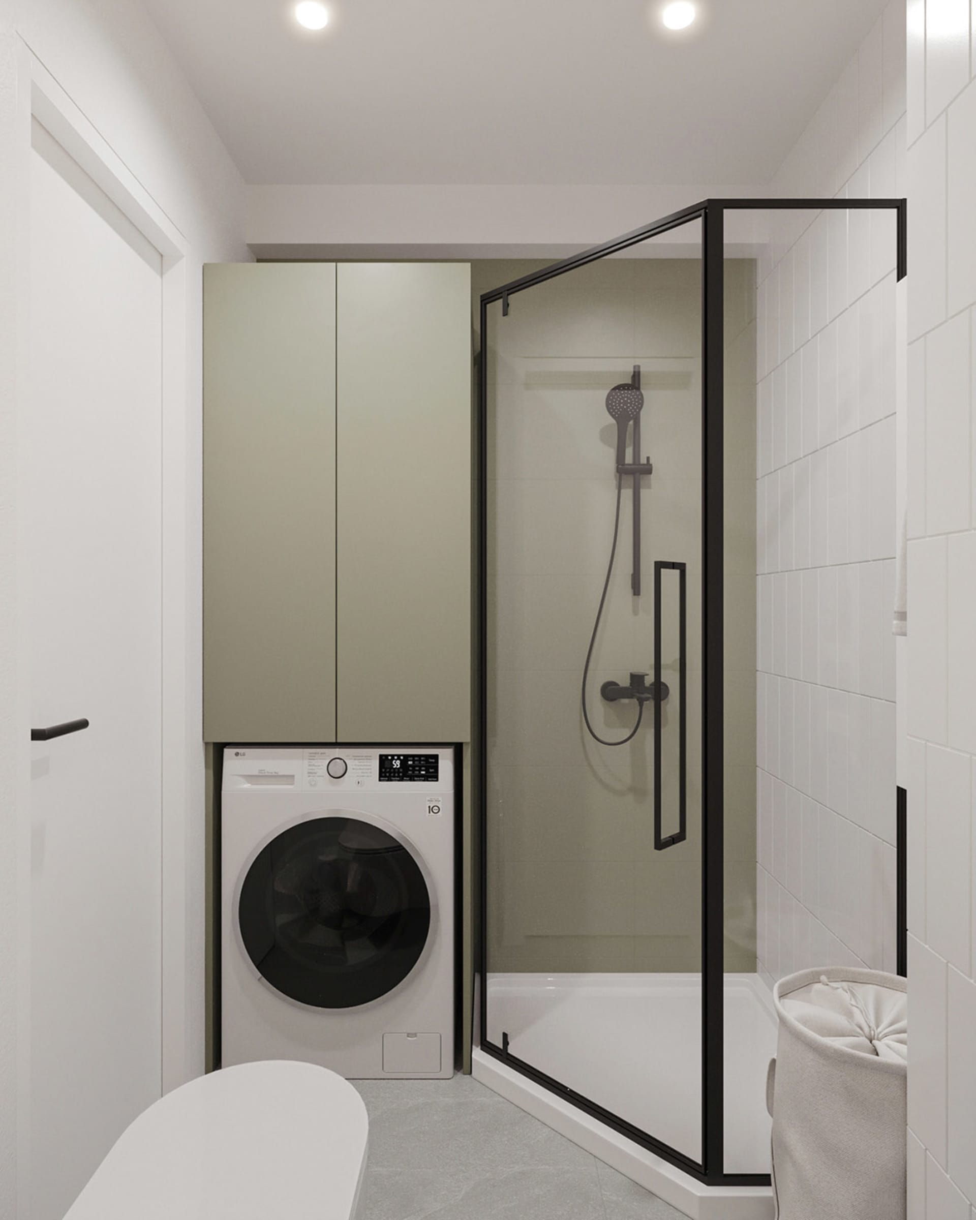 Modern minimalist bathroom with white cabinets, glass shower enclosure, and ceramic tiles. Features include a washing machine
