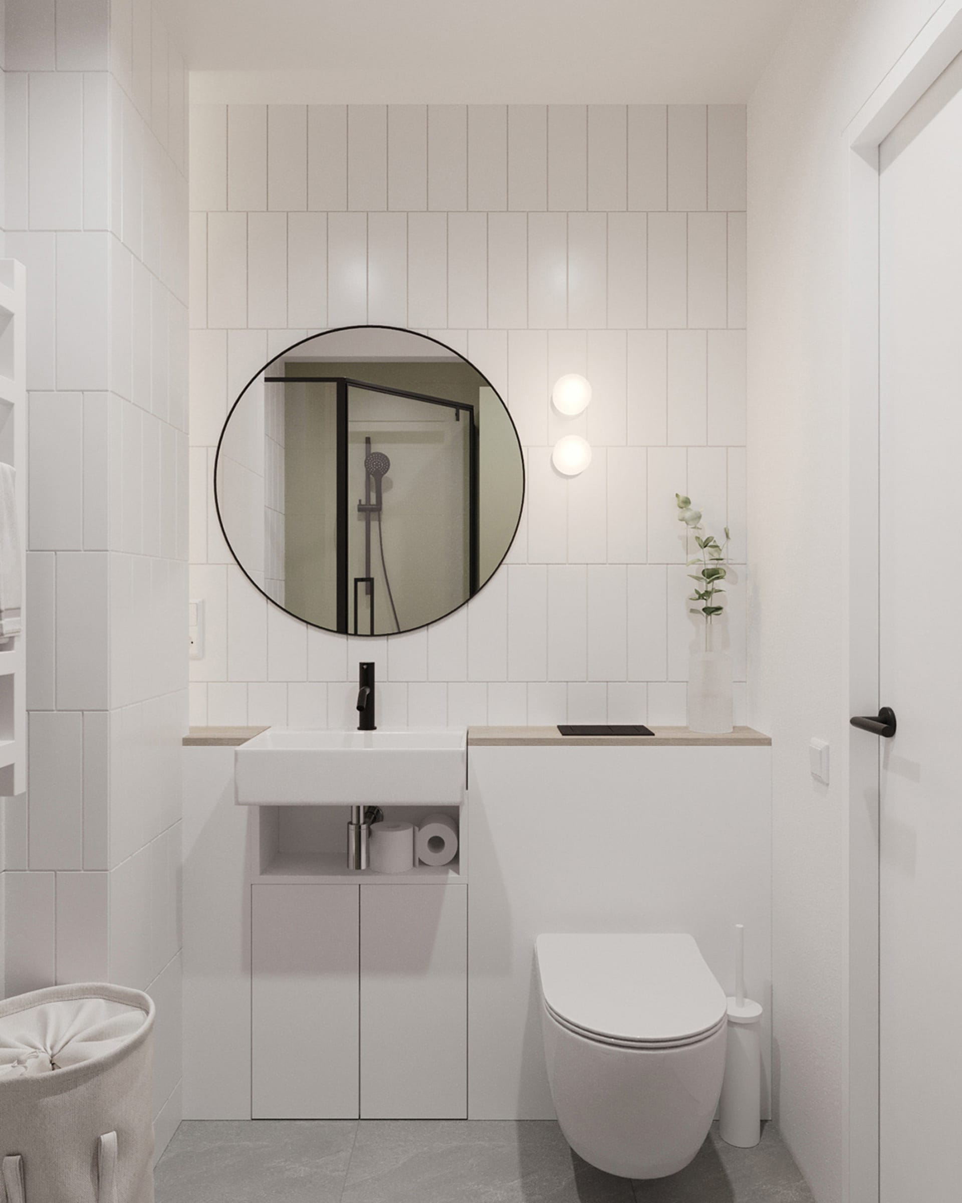 A minimalist bathroom featuring white tiles, a sink, a mirror, and a toilet.