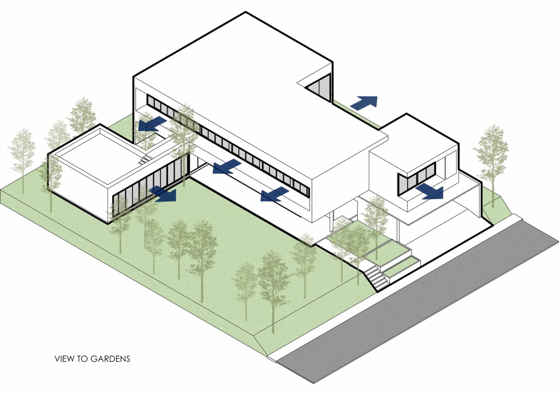 Isometric view of a modern architectural landscape with concrete structures and tree-lined gardens.