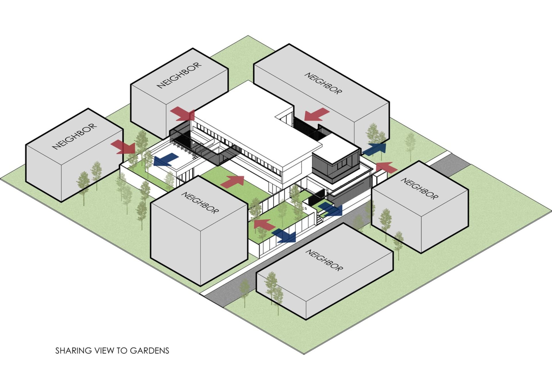 A modern office space floor plan featuring concrete blocks and green space.