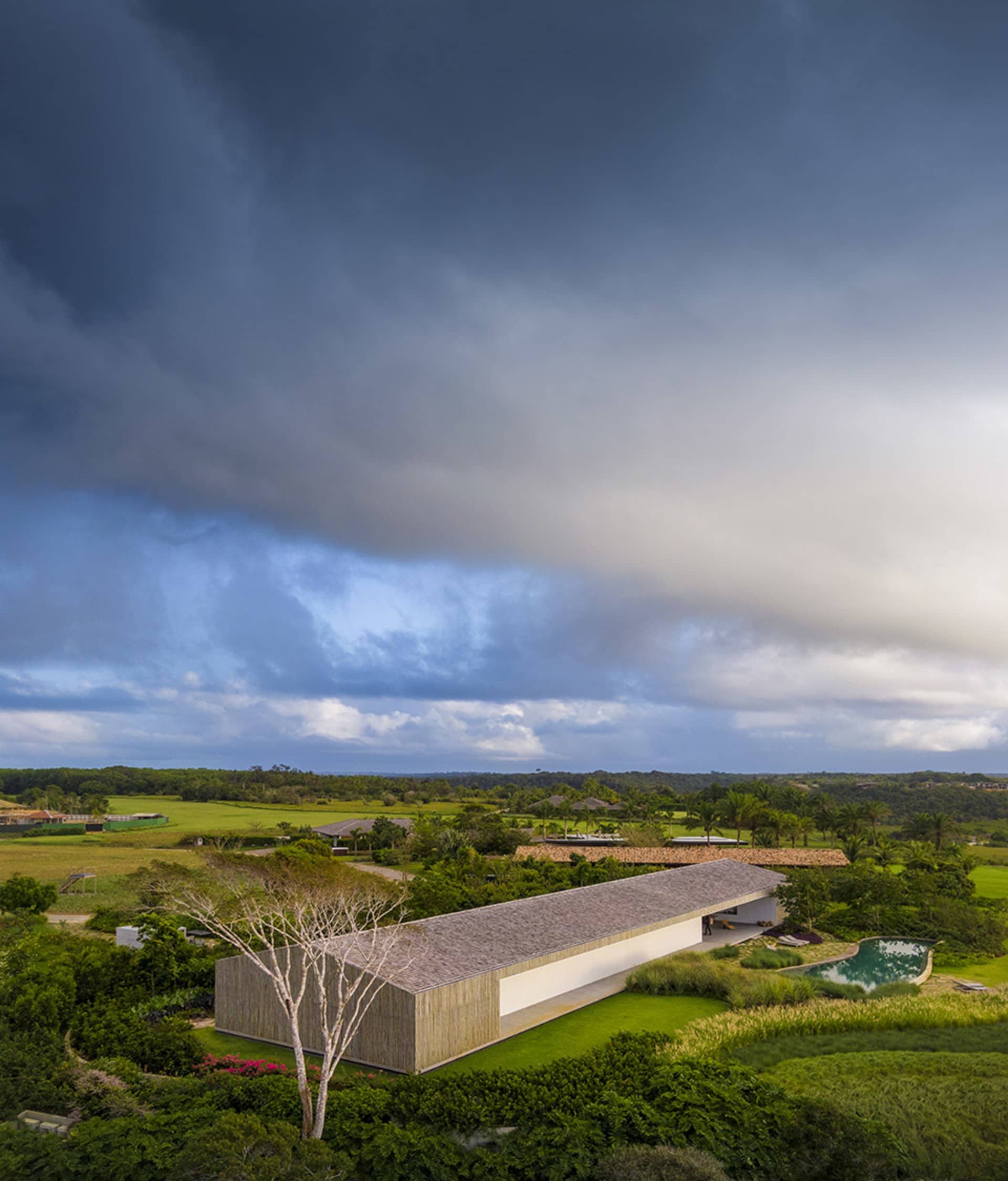 A modern residence with a concrete roof surrounded by lush greenery.