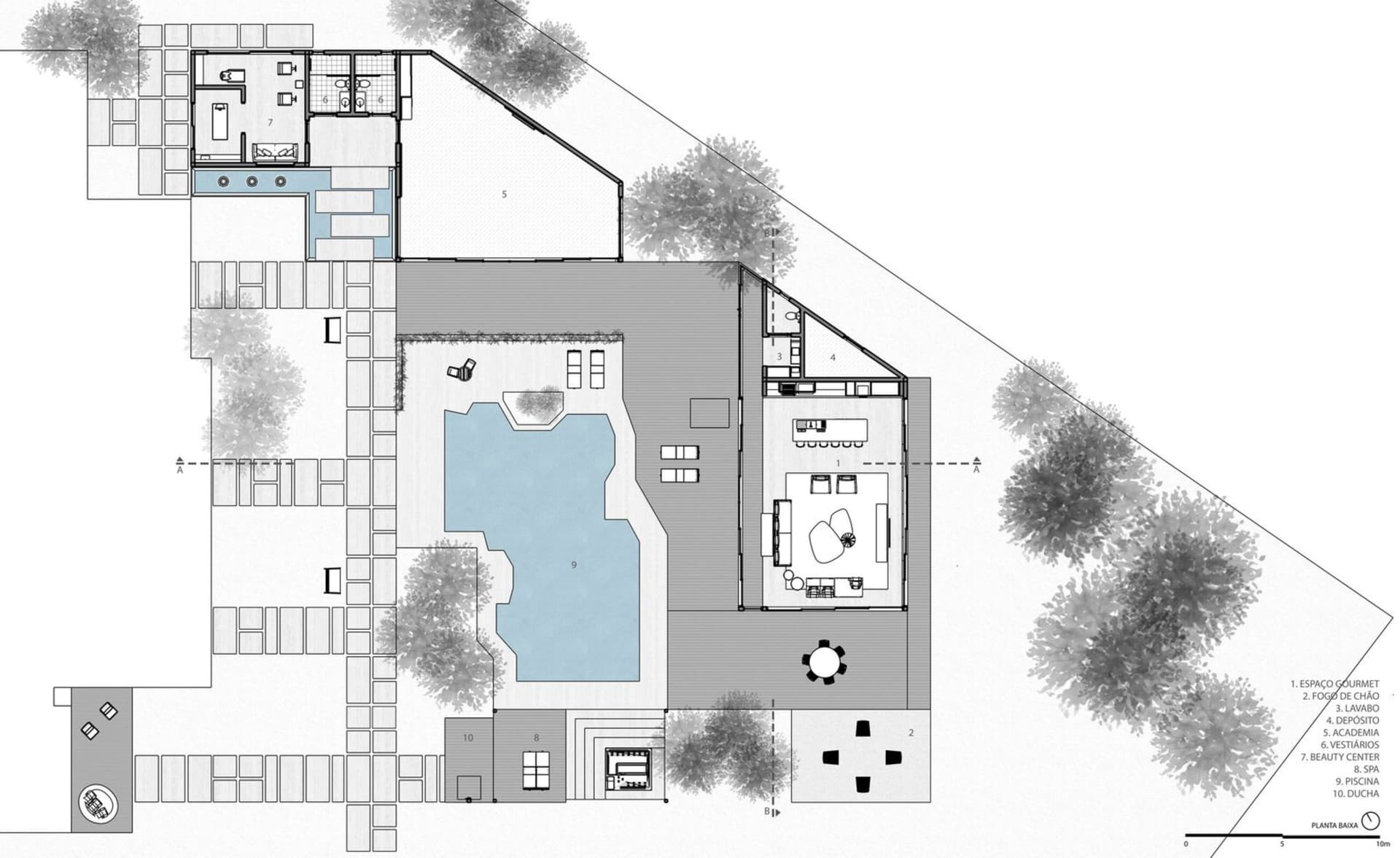 Floor plan of a modern residential building showing rooms and layout.