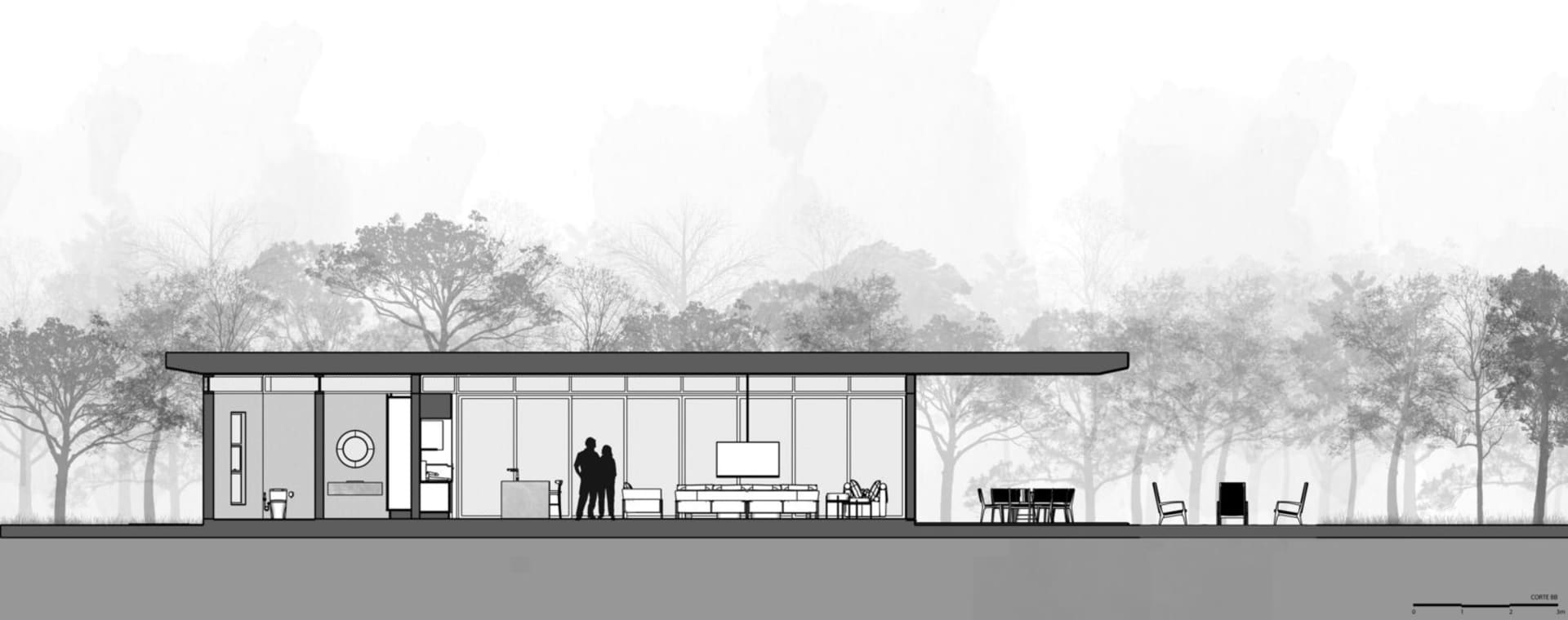 Modern residential interior with large glass walls and a living area with a fireplace and dining table.