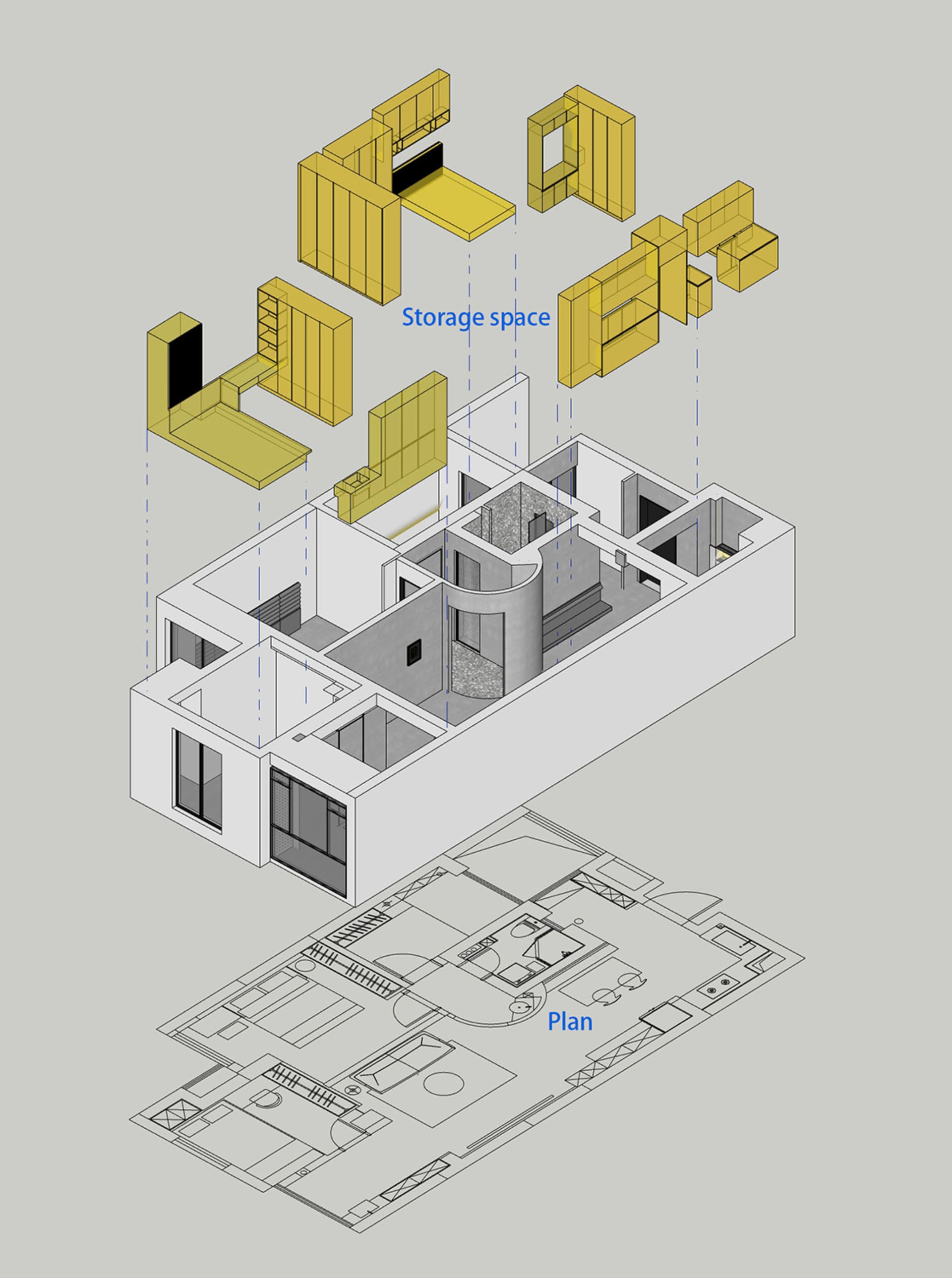 現代公寓的建築設計,展示儲藏空間。