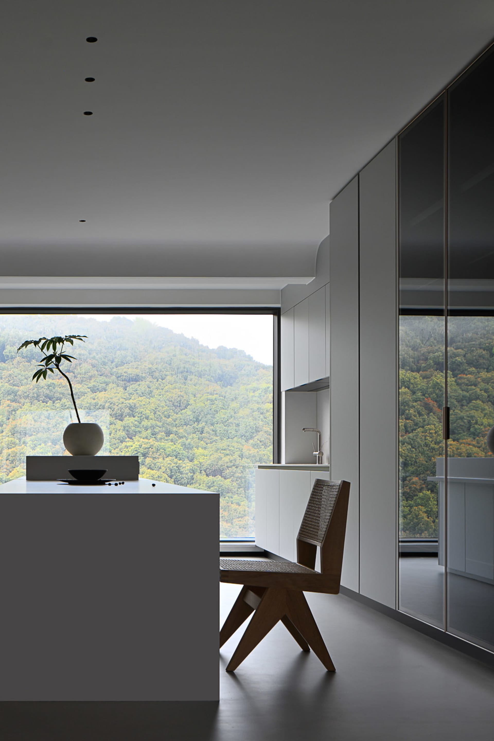 Modern kitchen featuring glass cabinets and a ceiling view of a green hillside.