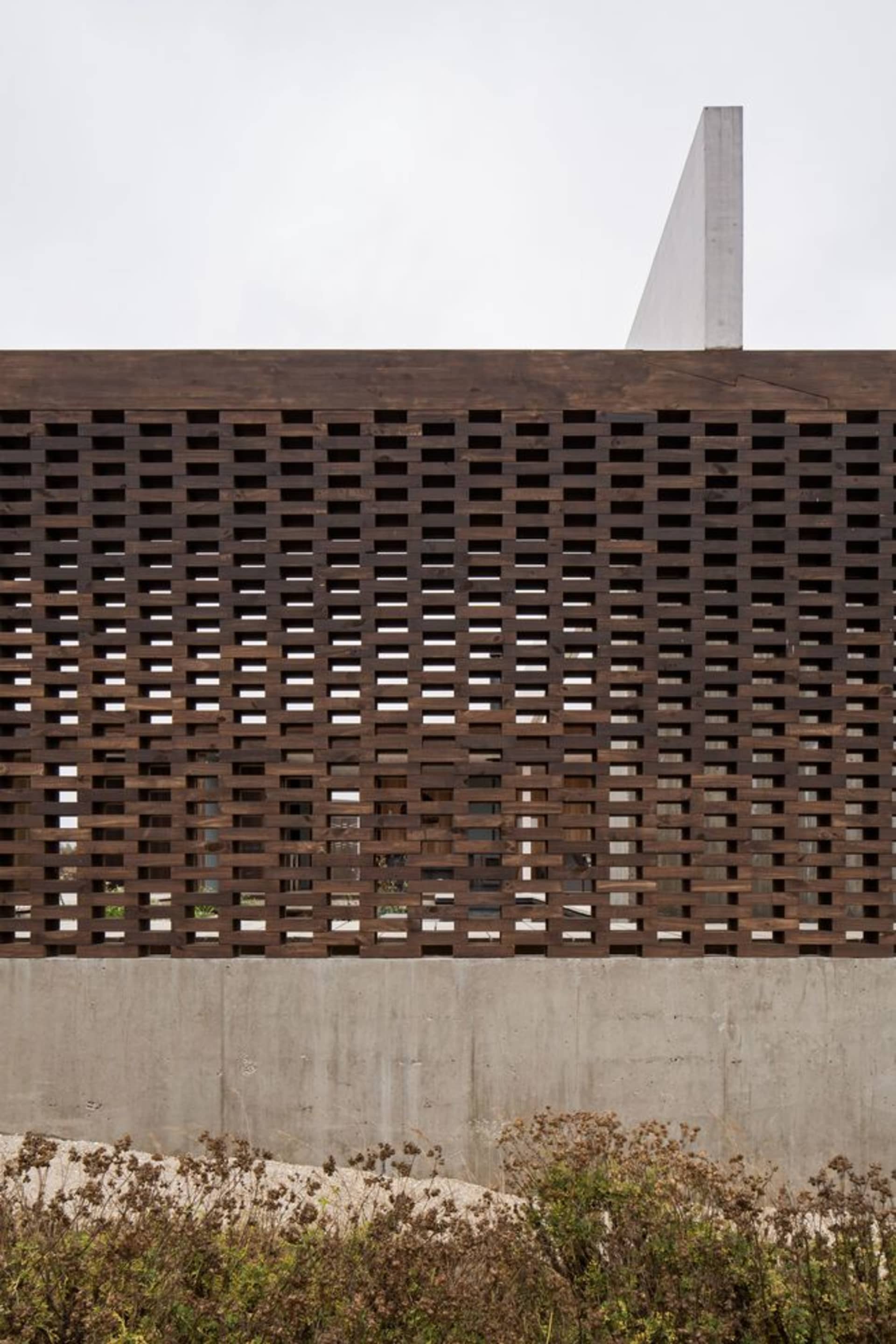 Modern building facade with wooden lattice and concrete base