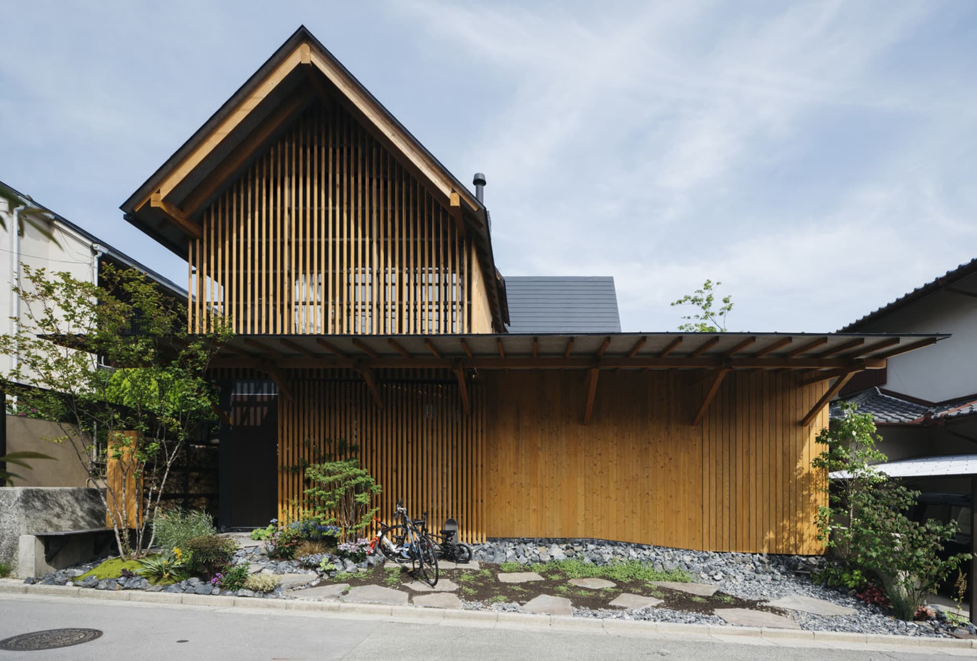 A modern residential house exterior featuring wooden siding.