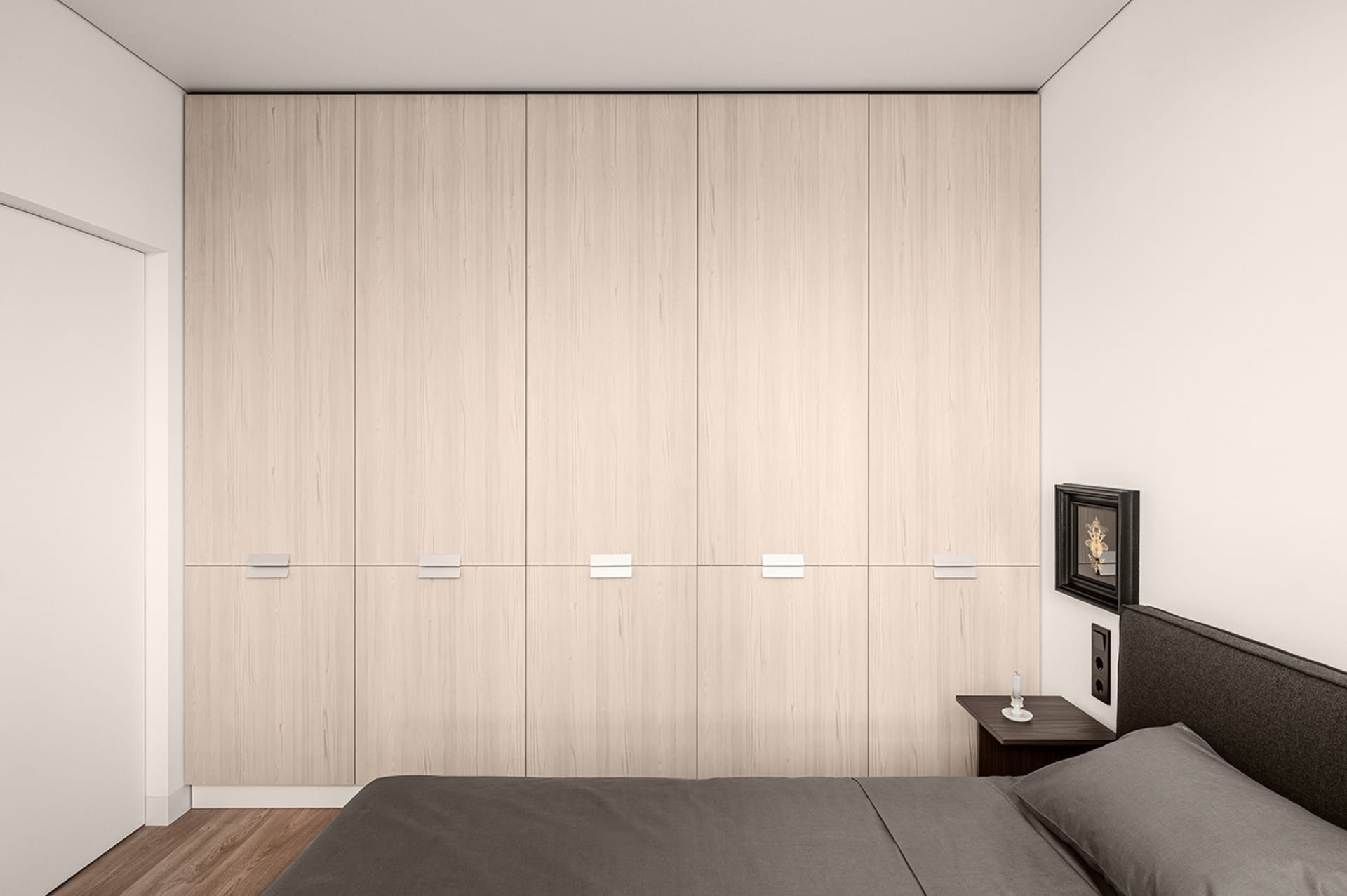 A minimalist bedroom featuring light-colored wooden flooring and furniture against white walls, showcasing a clean and organi