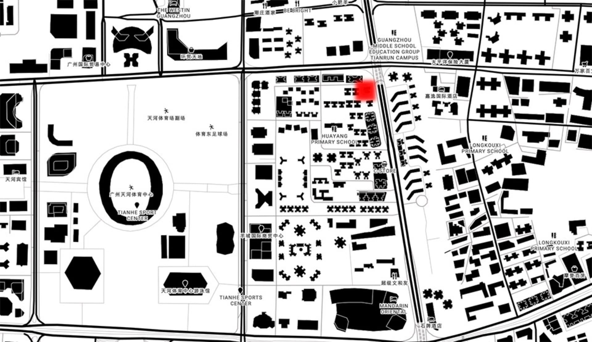 黑白都市區域地圖,顯示各種建築物與街道。
