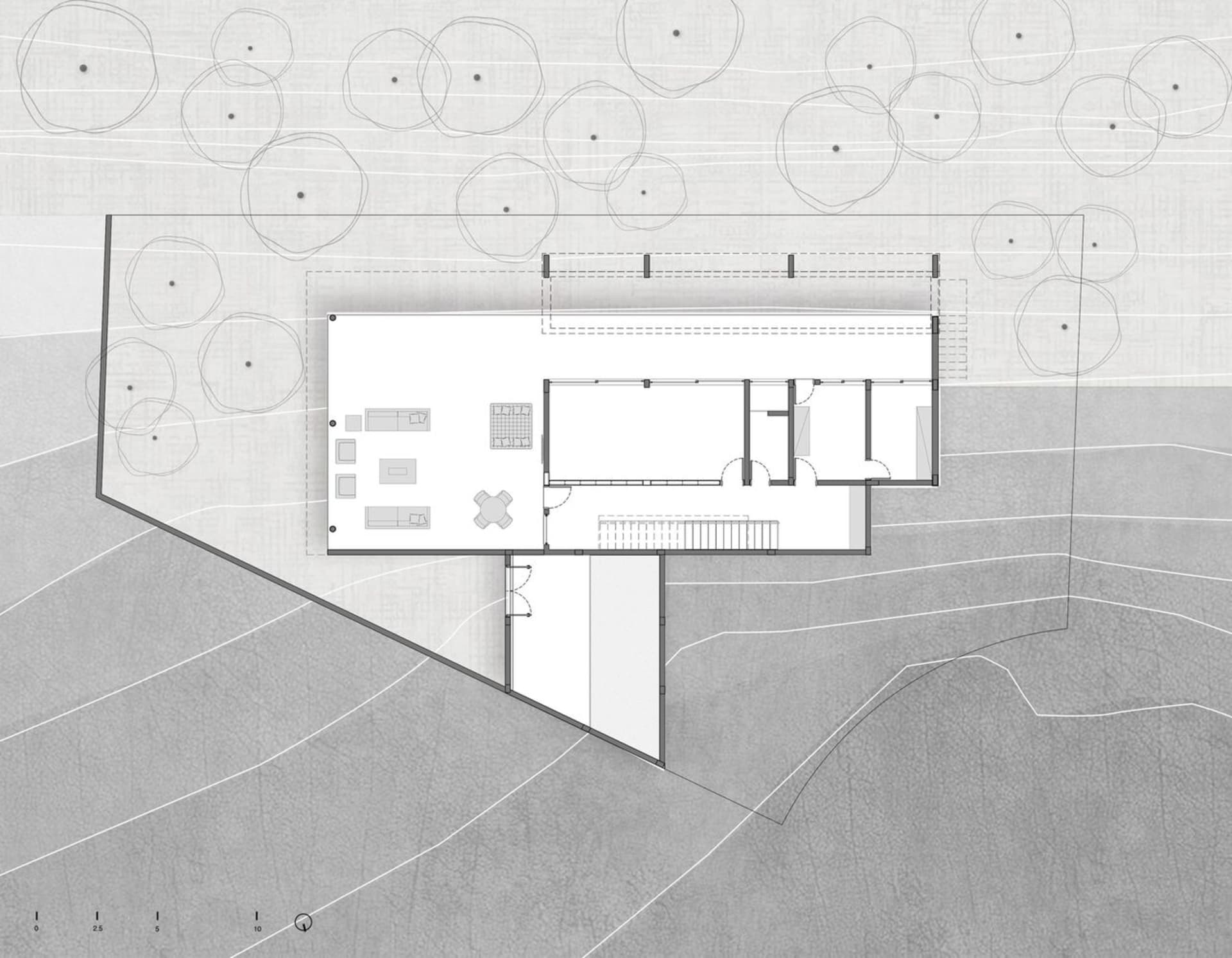 Minimalist architectural floor plan depicting interior layout and space division.