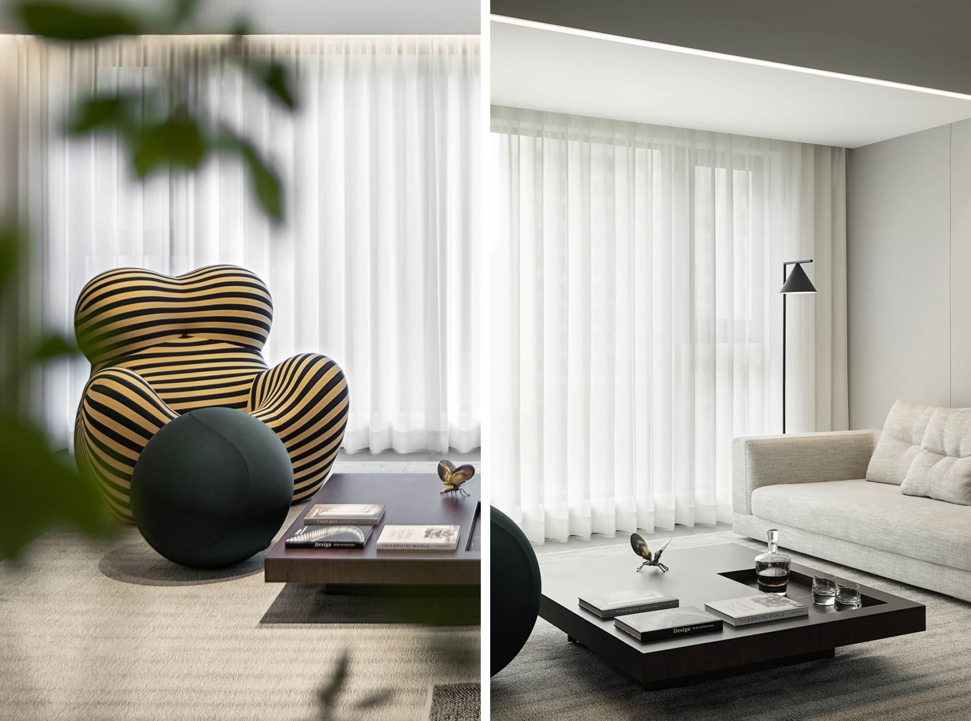A modern living room featuring a patterned sofa, glass coffee table, and metal floor lamp.