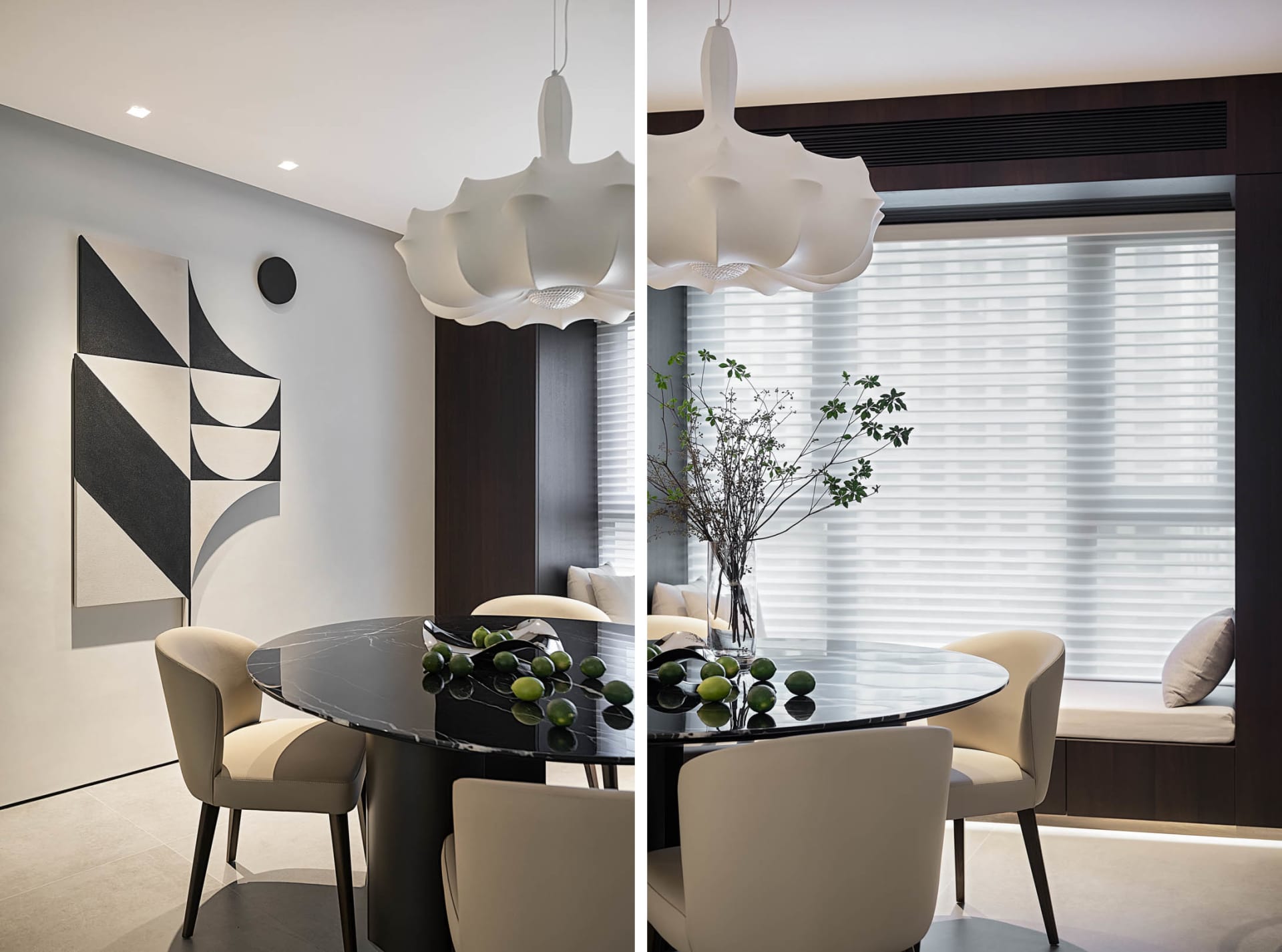 Circular dining room with marble table and contemporary chandelier, modern interior design