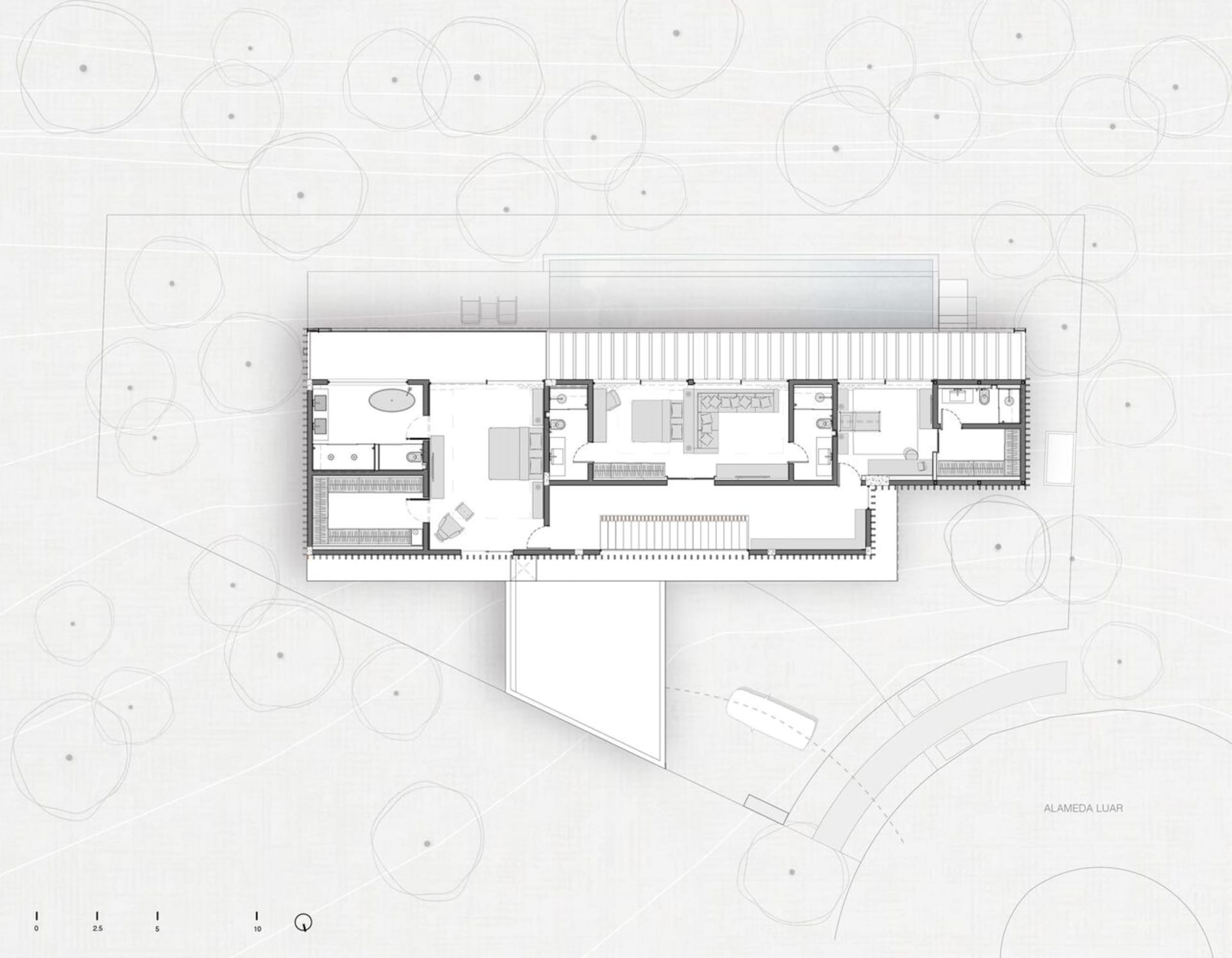 一張現代住宅平面圖的詳細2D建築繪圖。