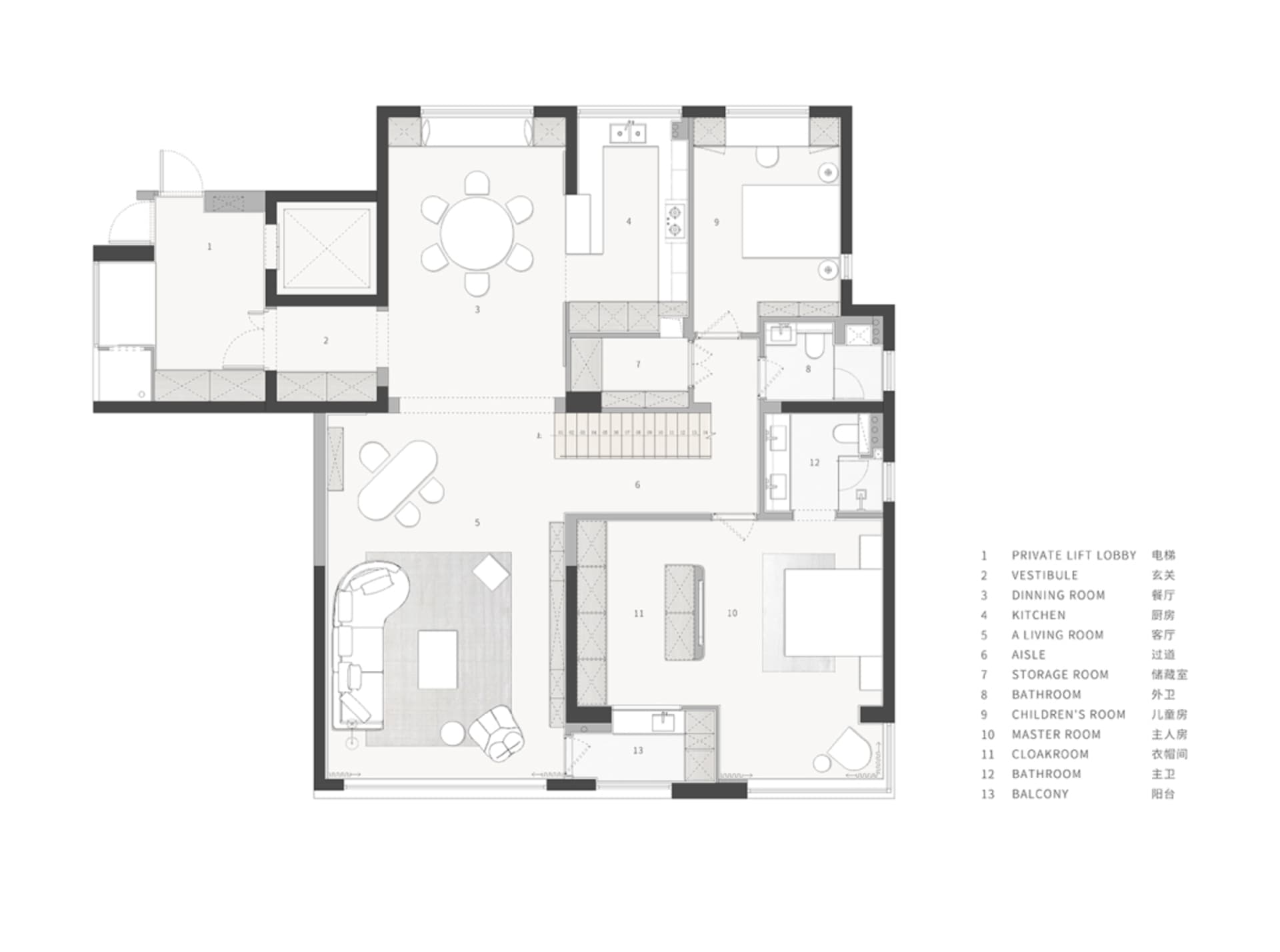 Modern house floor plan with multiple rooms and functional zones.