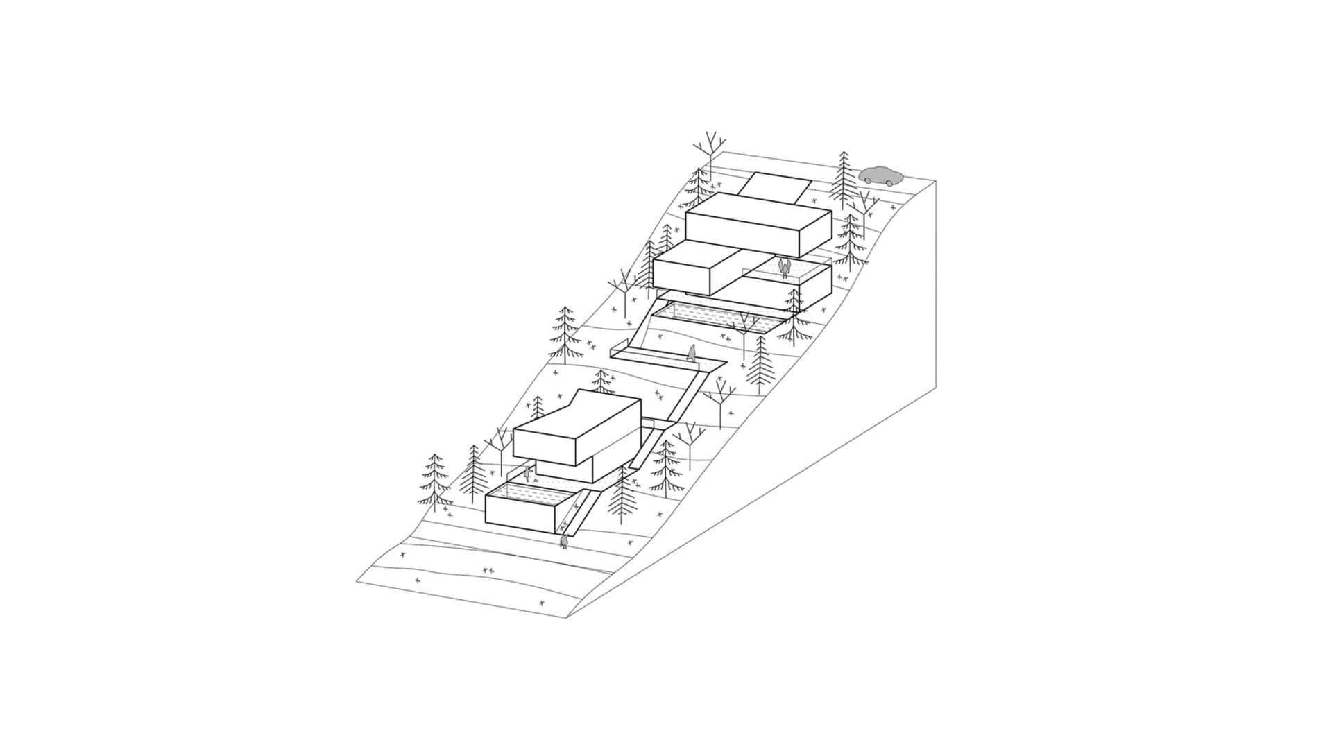 Simplified isometric drawing of a modern house with glass exterior.