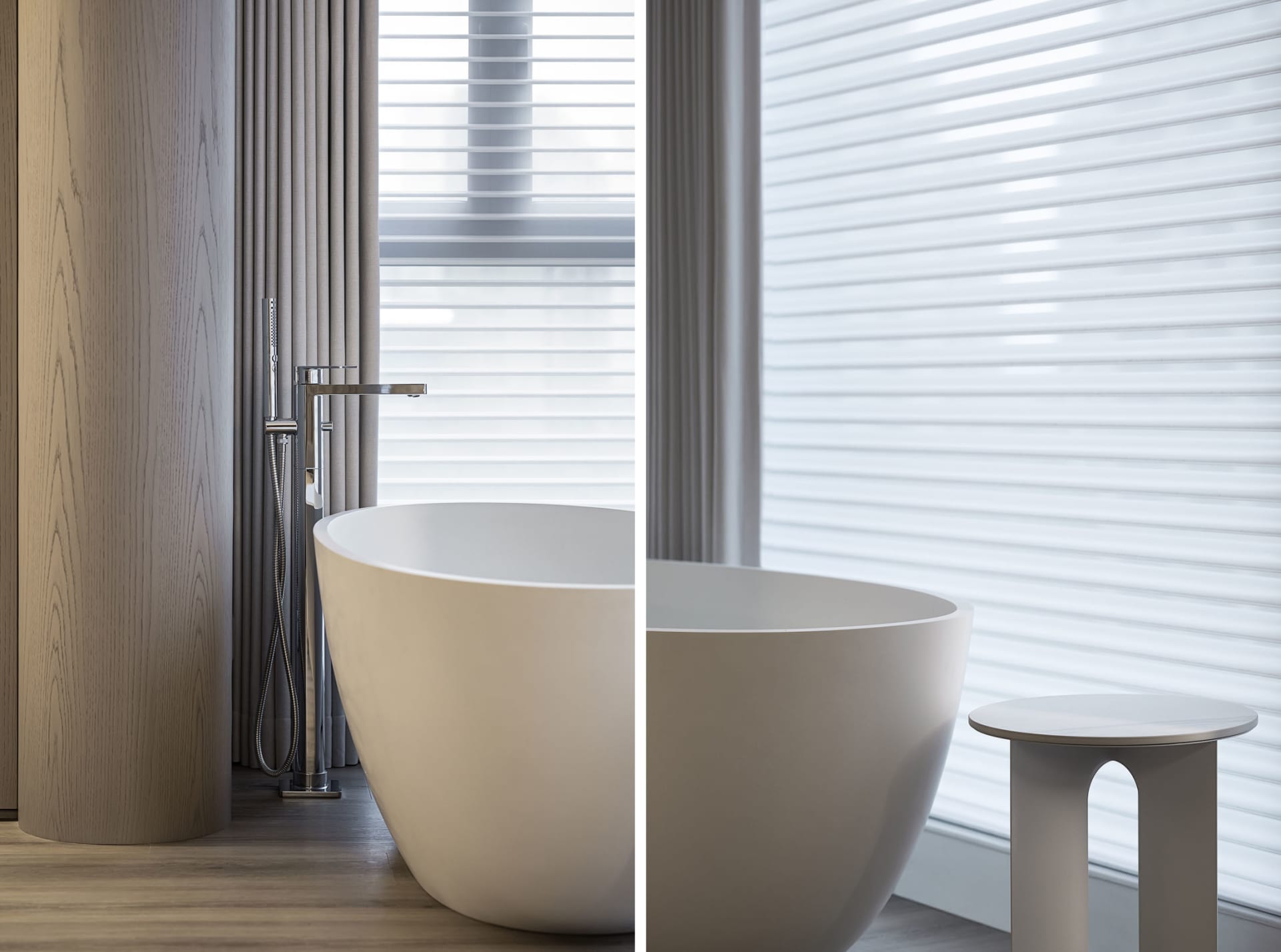 Modern bathroom featuring a freestanding ceramic bathtub with sleek design.