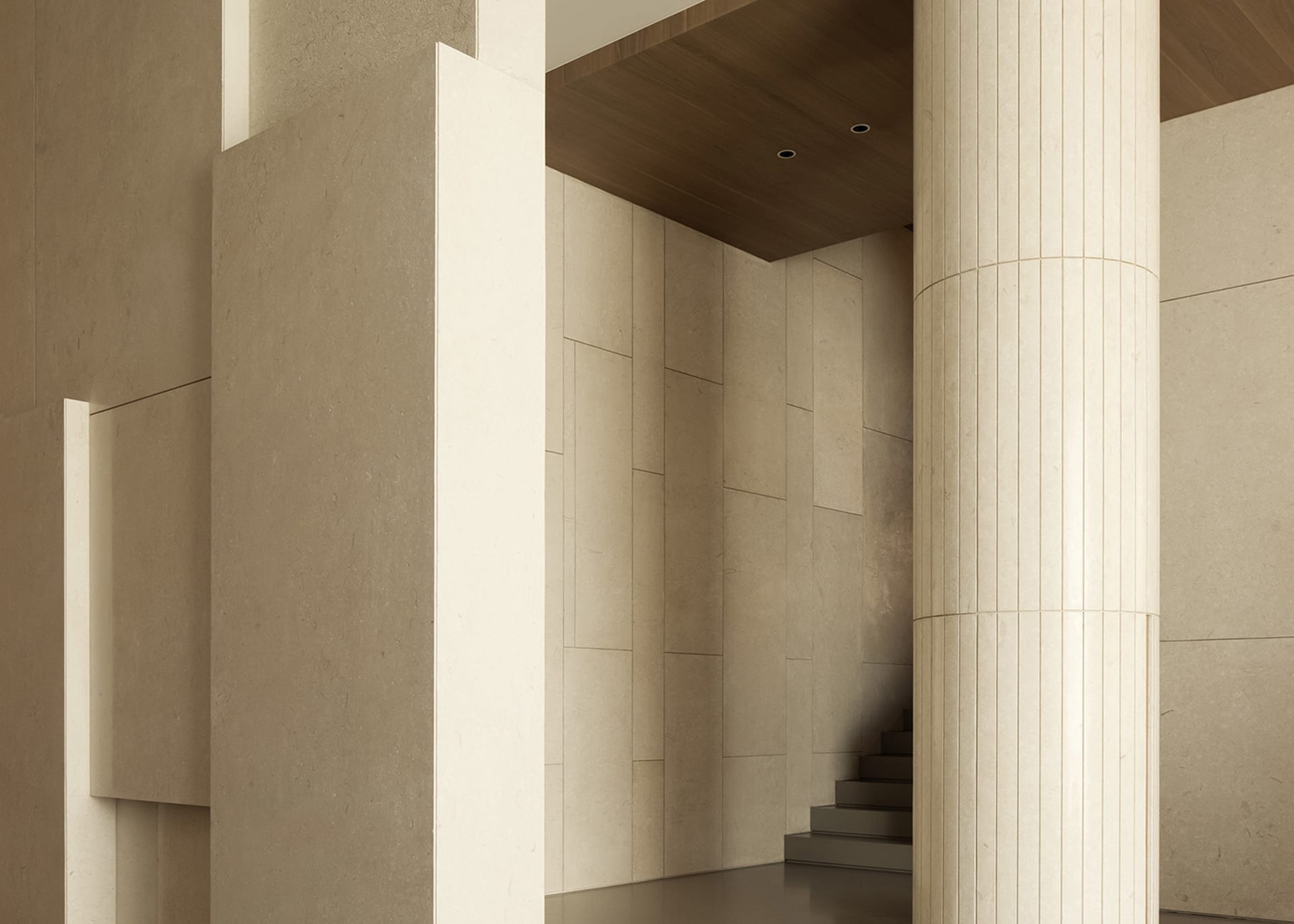 A photograph of a modern architectural interior featuring concrete and marble materials.