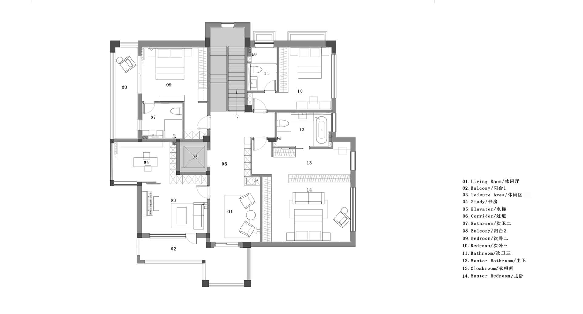 2D architectural drawing of a modern home's second floor plan.