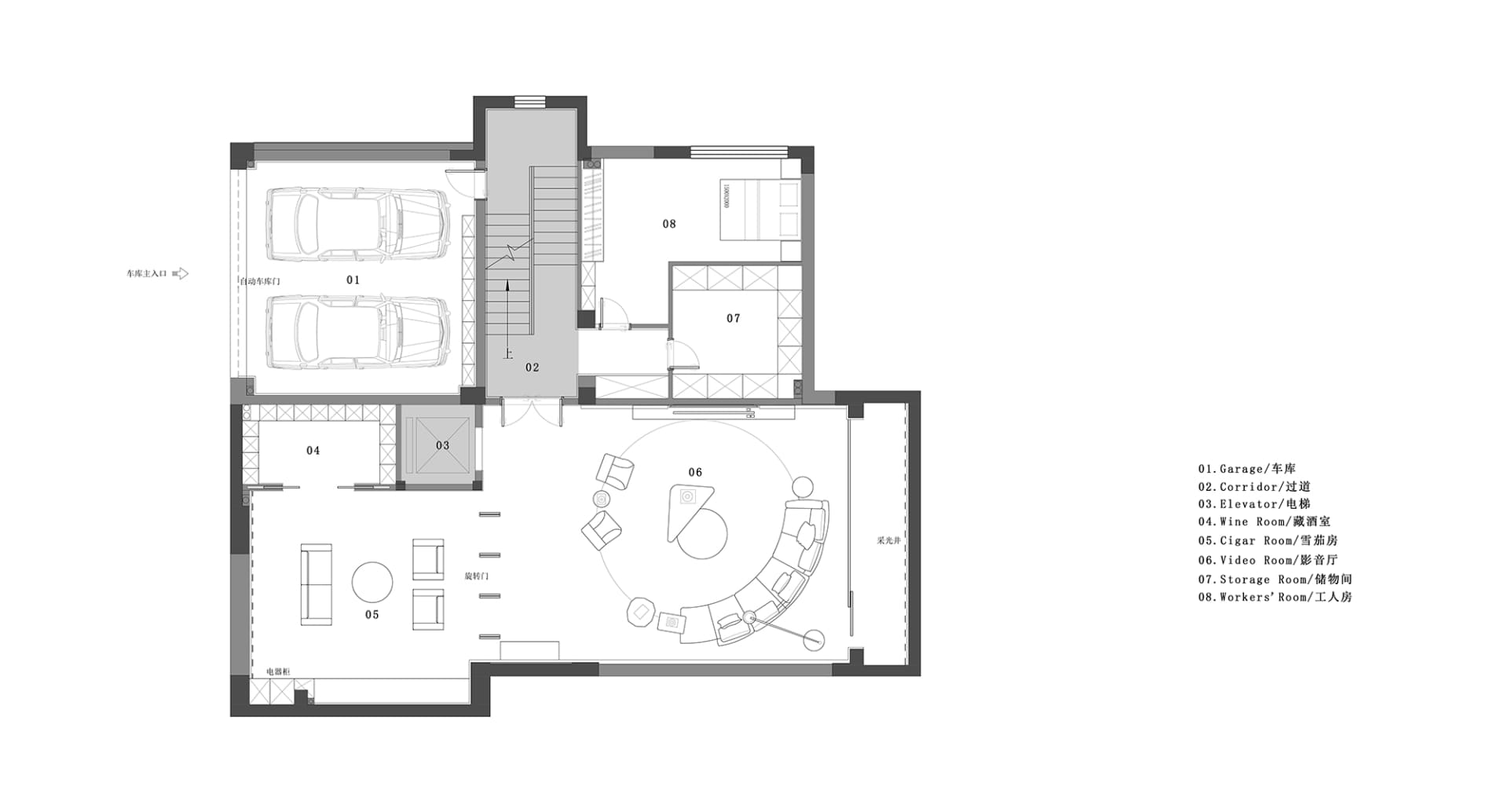 一張詳細的2D建築圖,呈現現代住宅平面配置,採用混凝土、玻璃與鋼材材質。